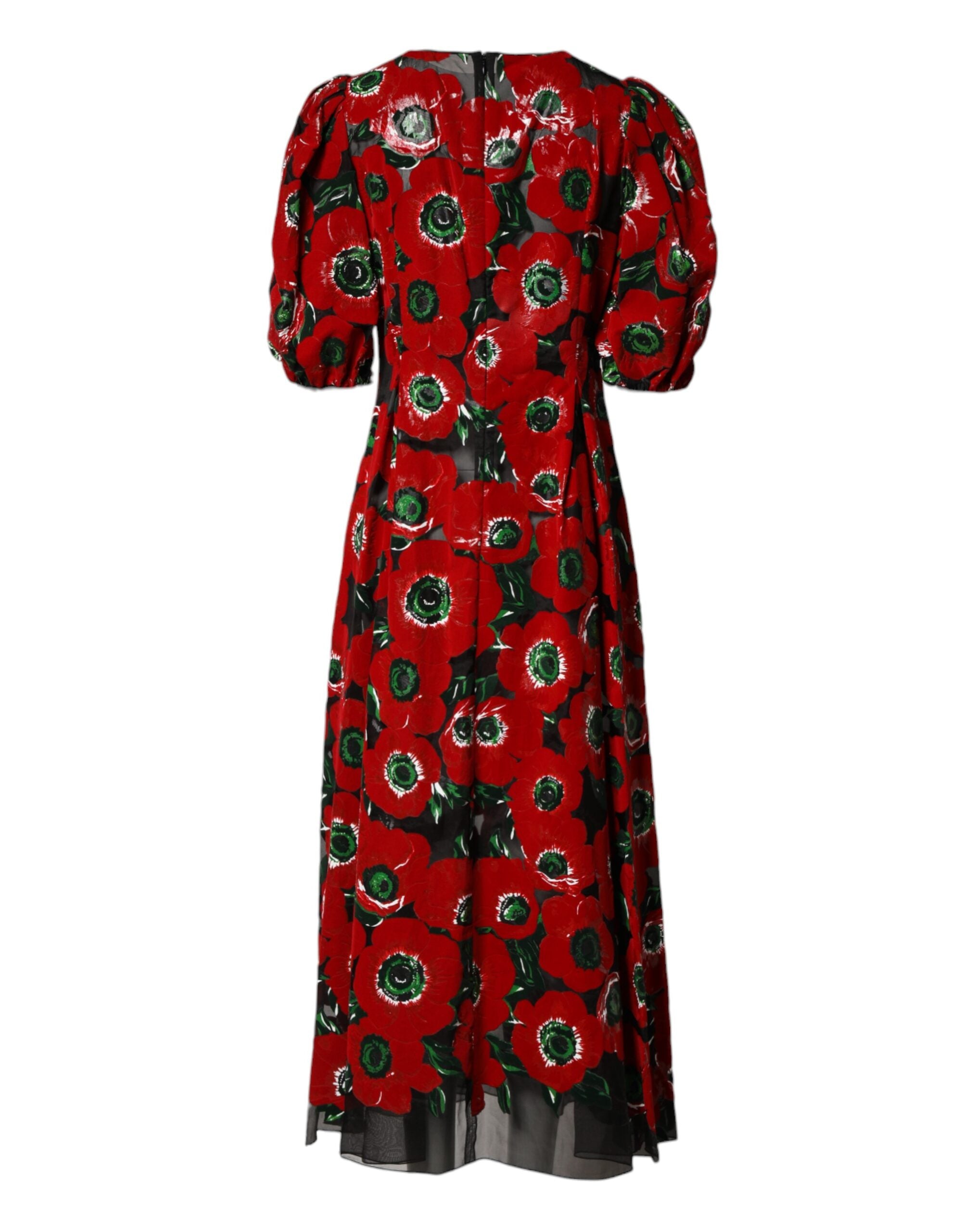 Dolce & Gabbana Red Floral Print Nylon A-line Midi Women's Dress (Pre-Owned)