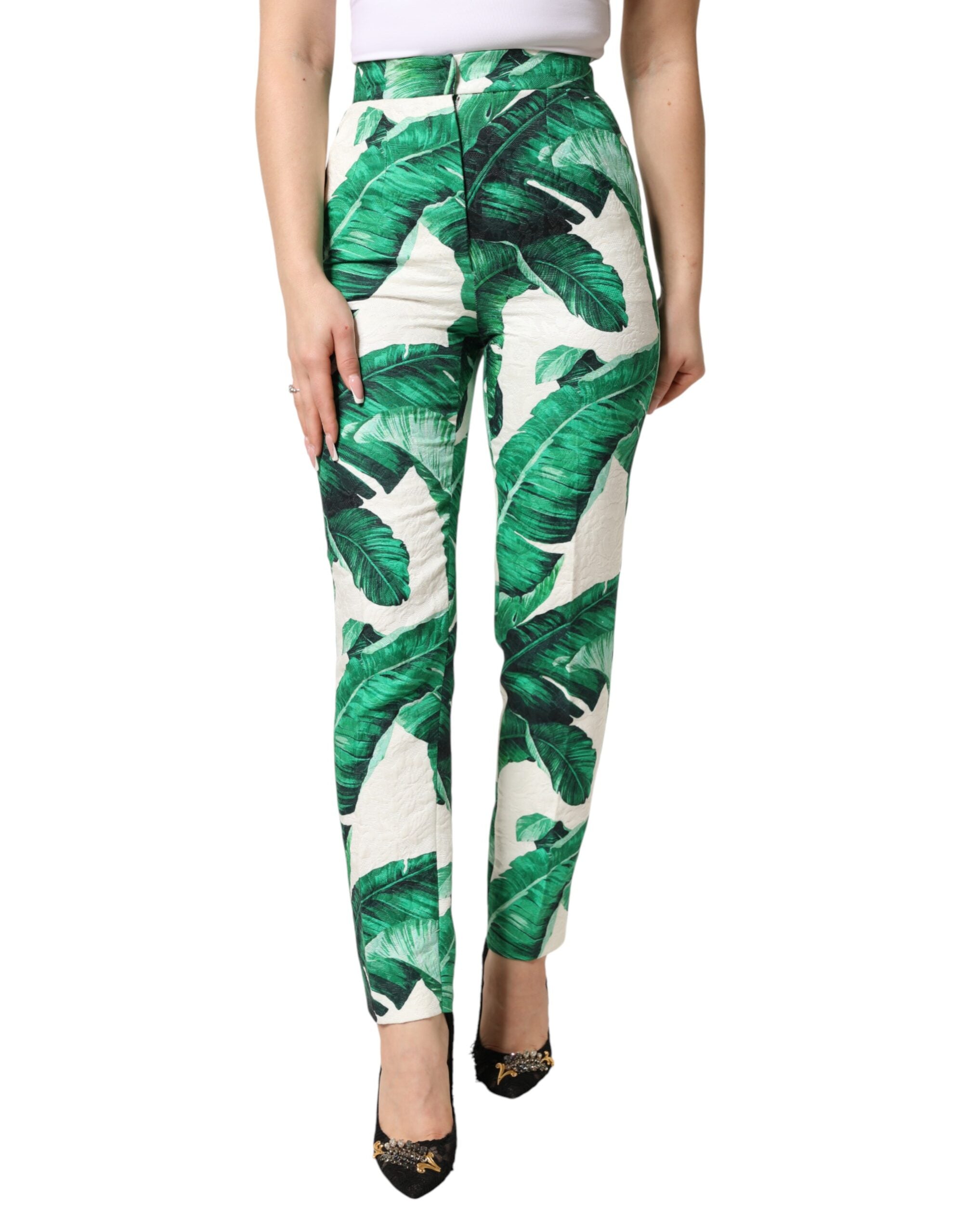 Dolce & Gabbana White Green Leaf High Waist Trousers Women's Pants