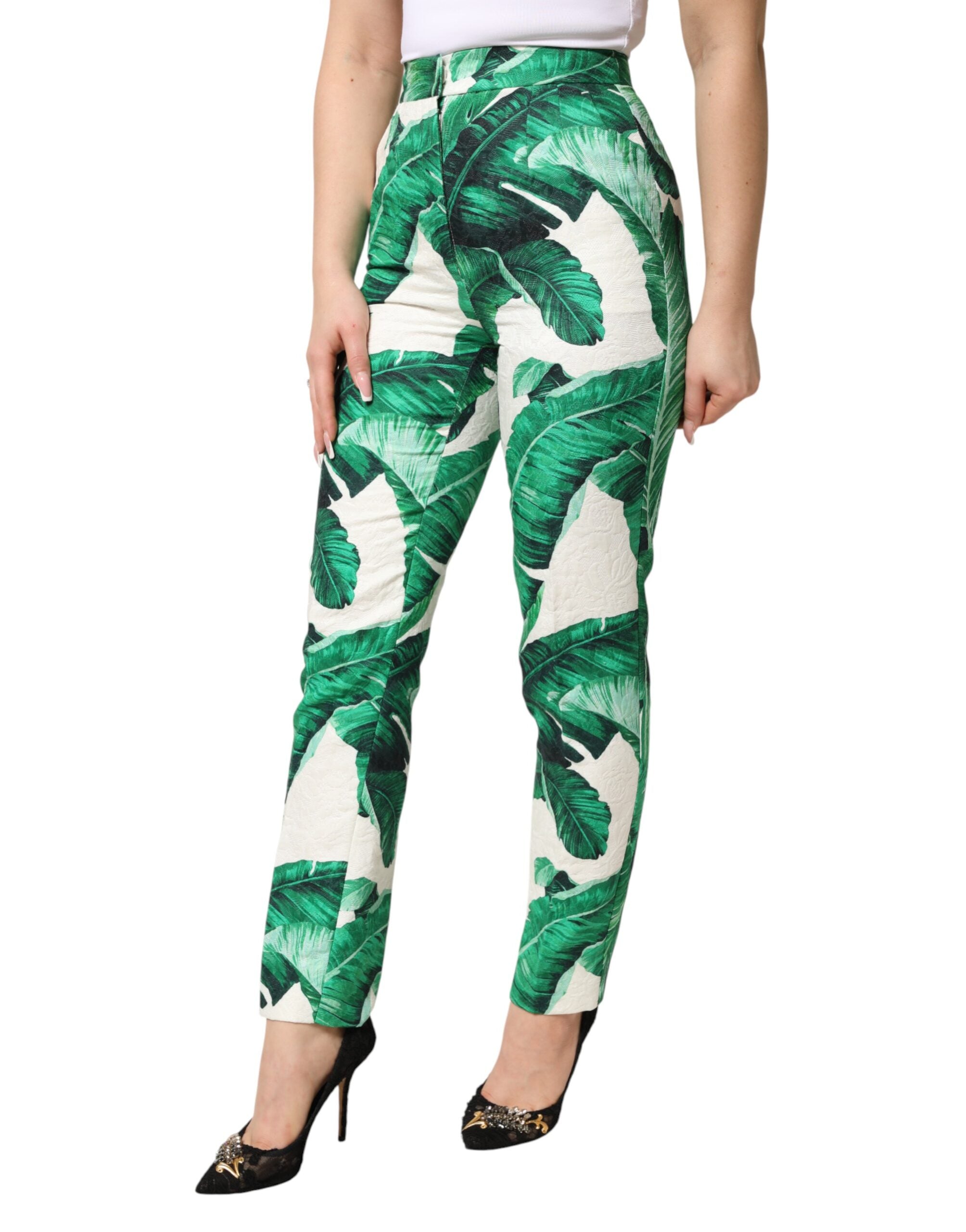 Dolce & Gabbana White Green Leaf High Waist Trousers Women's Pants