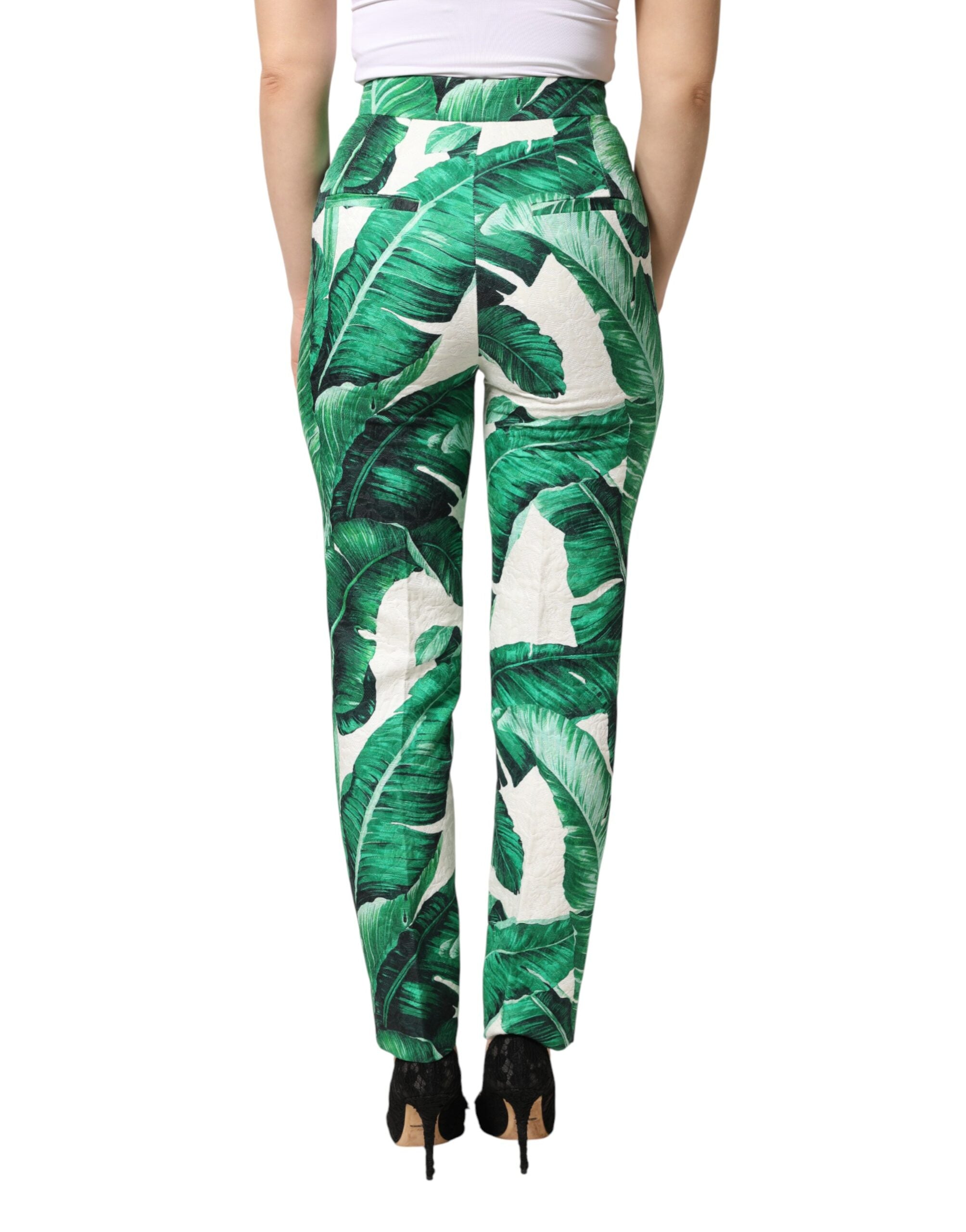 Dolce & Gabbana White Green Leaf High Waist Trousers Women's Pants