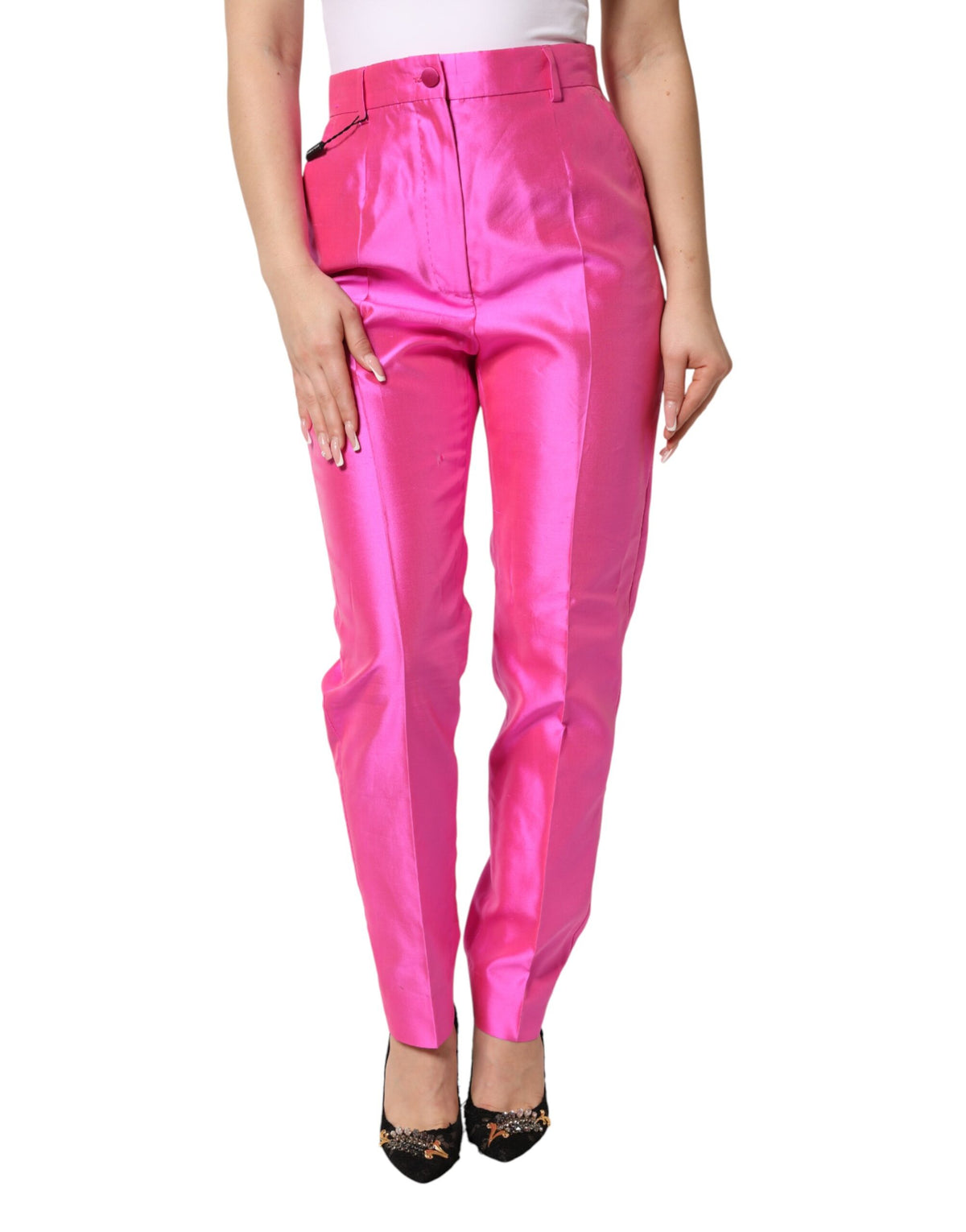 Dolce & Gabbana Pink Silk High Waist Dress Trousers Women's Pants (Pre-Owned)