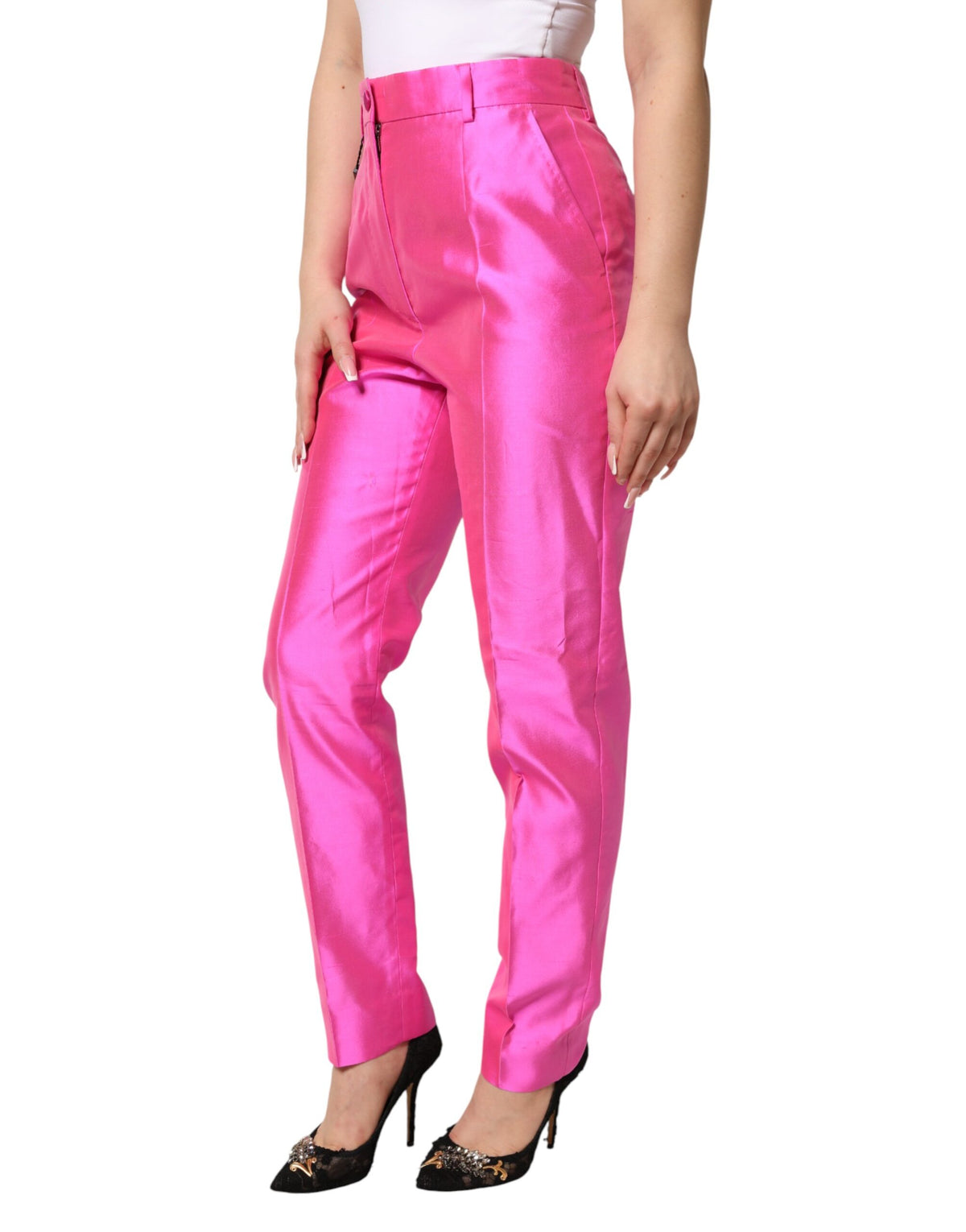 Dolce & Gabbana Pink Silk High Waist Dress Trousers Women's Pants (Pre-Owned)