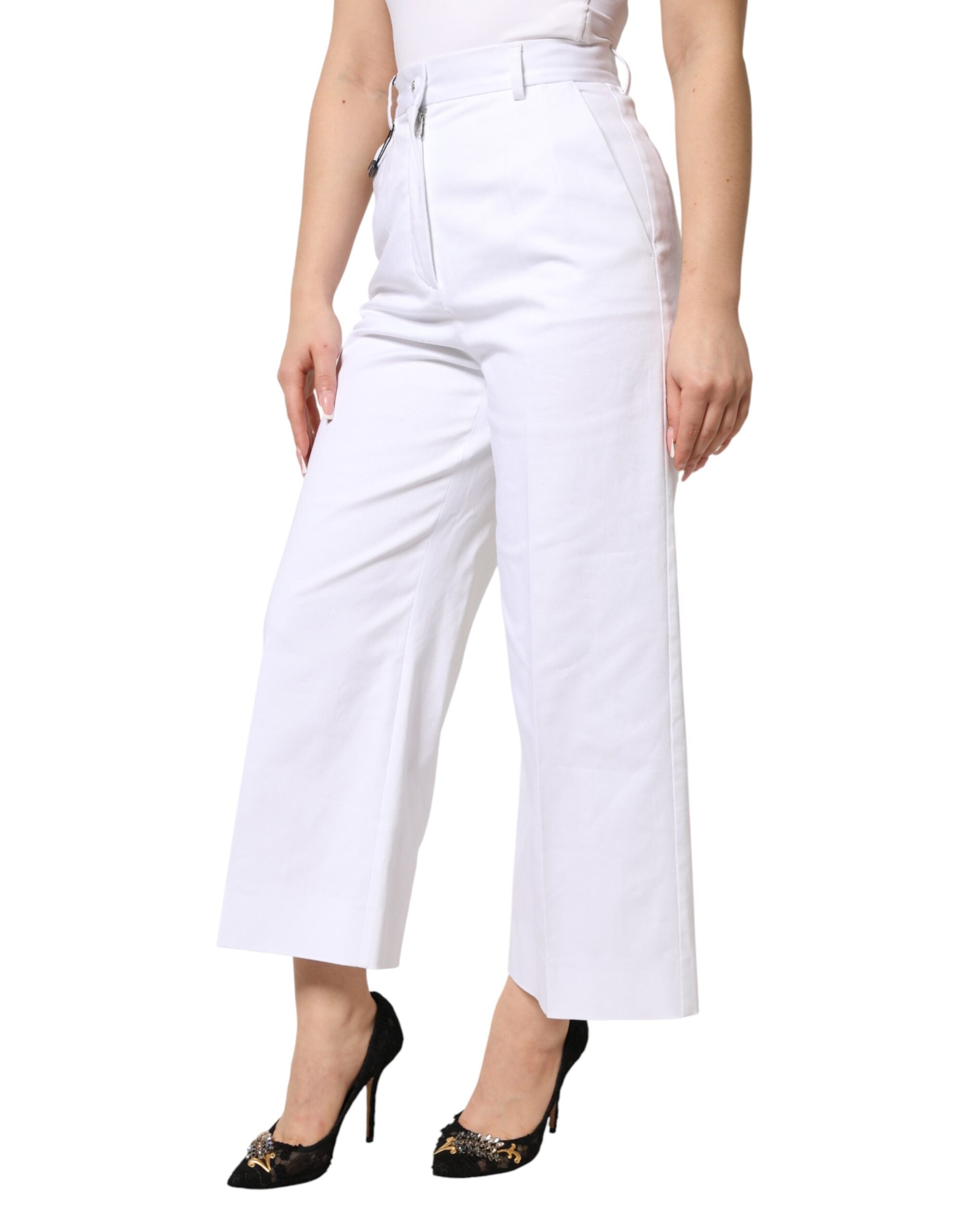 Dolce & Gabbana White Cotton High Waist WideLeg Cropped Women's Pants