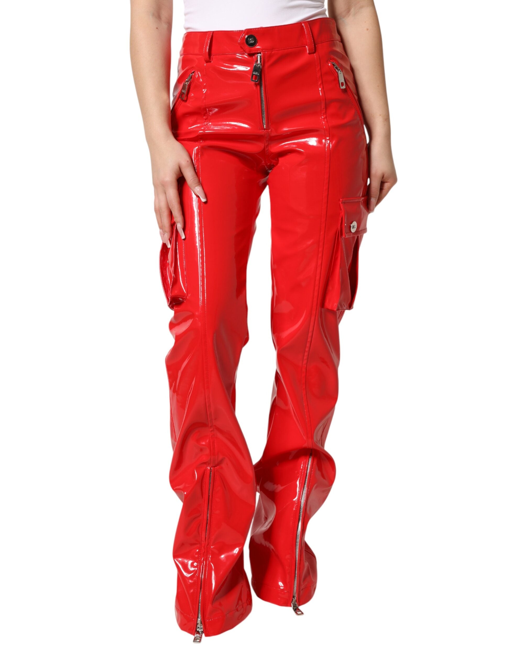 Dolce & Gabbana Red Glossy Polyester Cargo Boot Cut Women's Pants