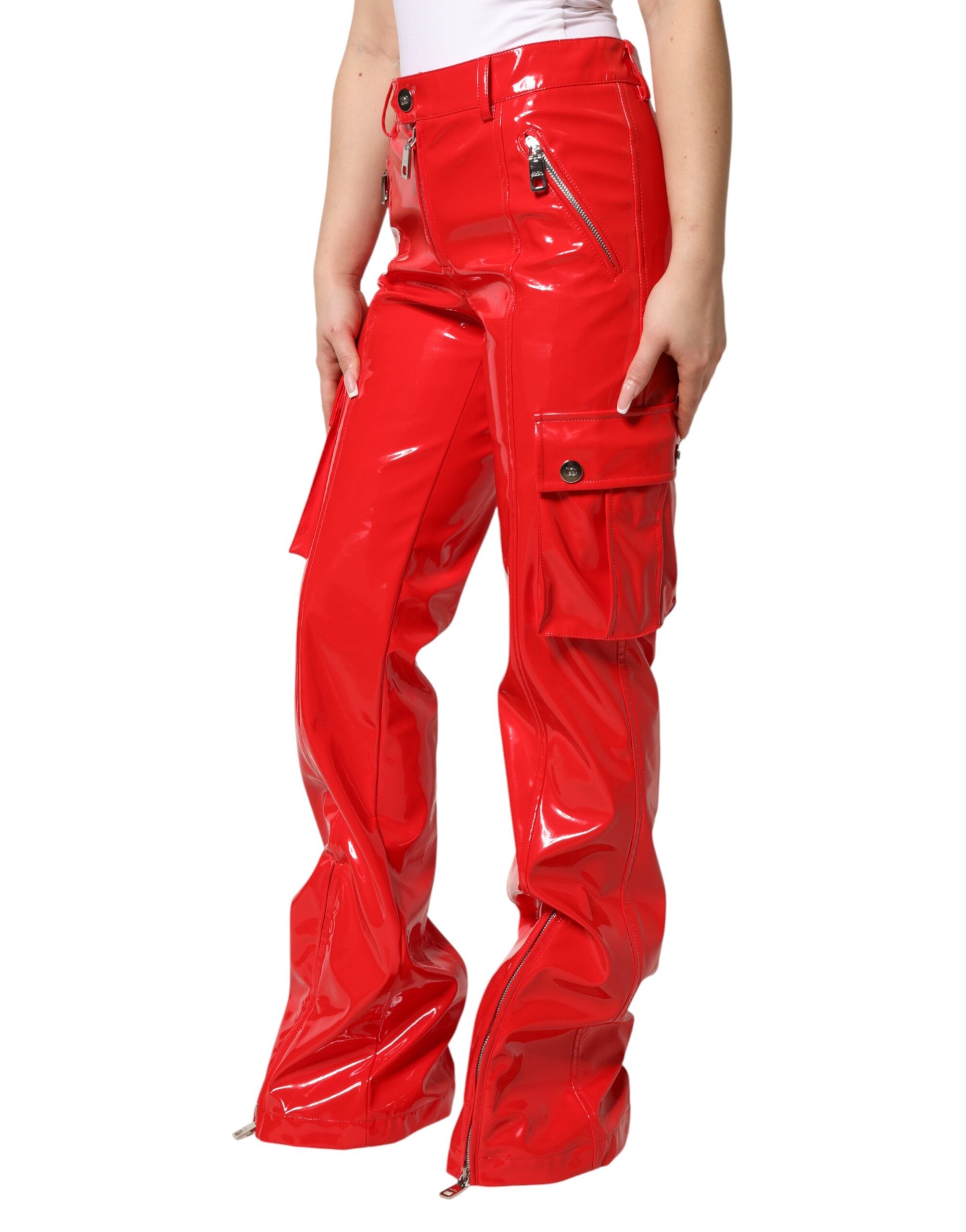 Dolce & Gabbana Red Glossy Polyester Cargo Boot Cut Women's Pants