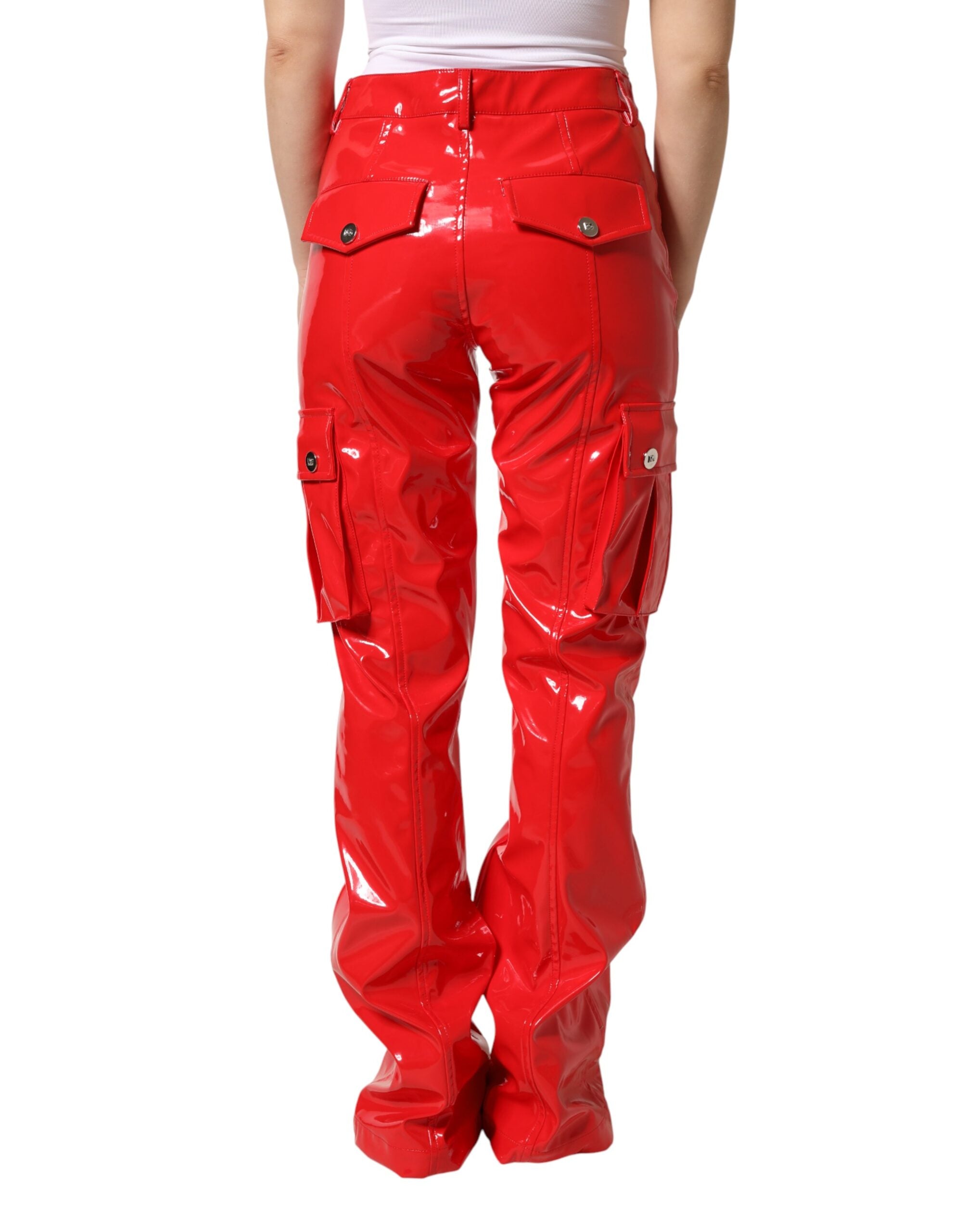 Dolce & Gabbana Red Glossy Polyester Cargo Boot Cut Women's Pants