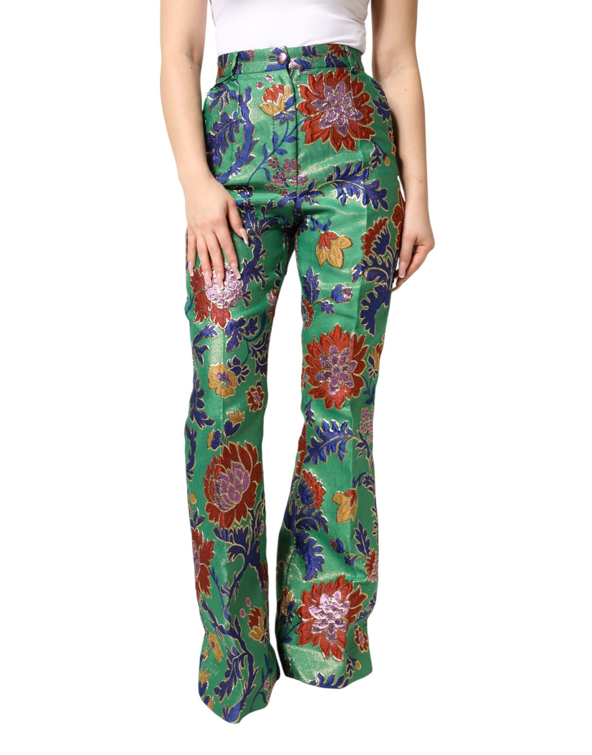 Dolce & Gabbana Green Floral Polyester BootCut Trouser Women's Pants (Pre-Owned)