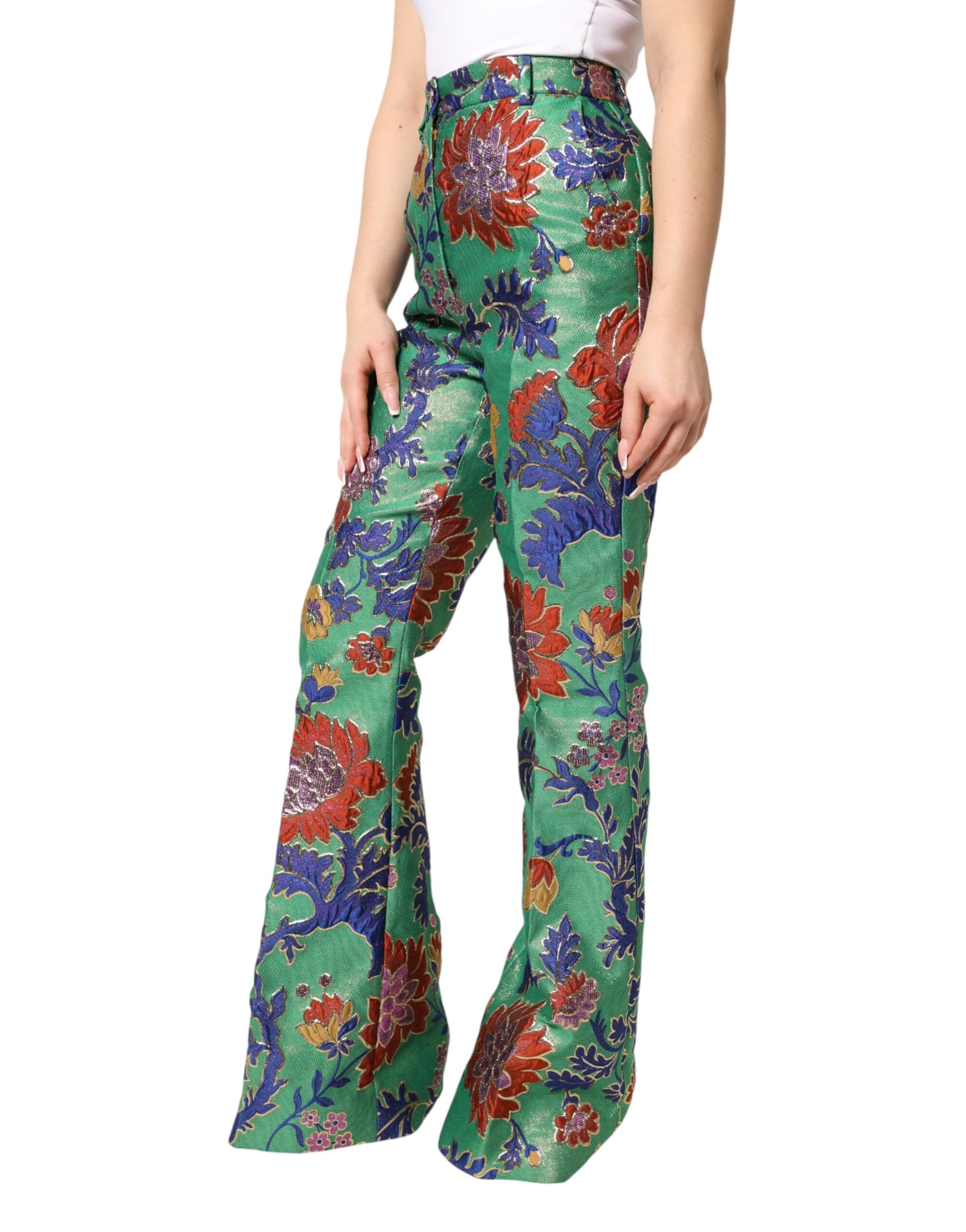 Dolce & Gabbana Green Floral Polyester BootCut Trouser Women's Pants (Pre-Owned)