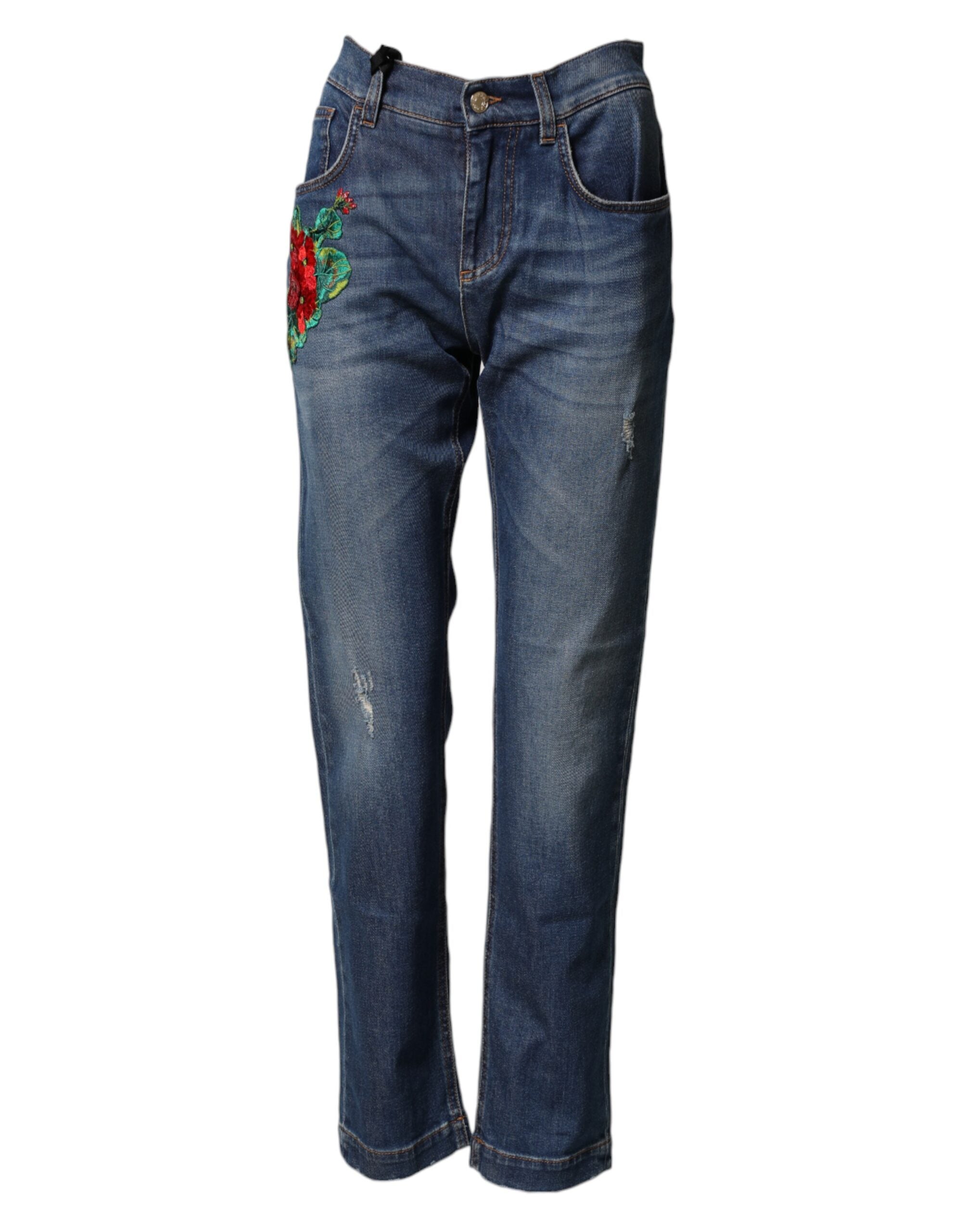 Dolce & Gabbana Blue Floral Embroidered BOYFRIEND Denim Women's Jeans