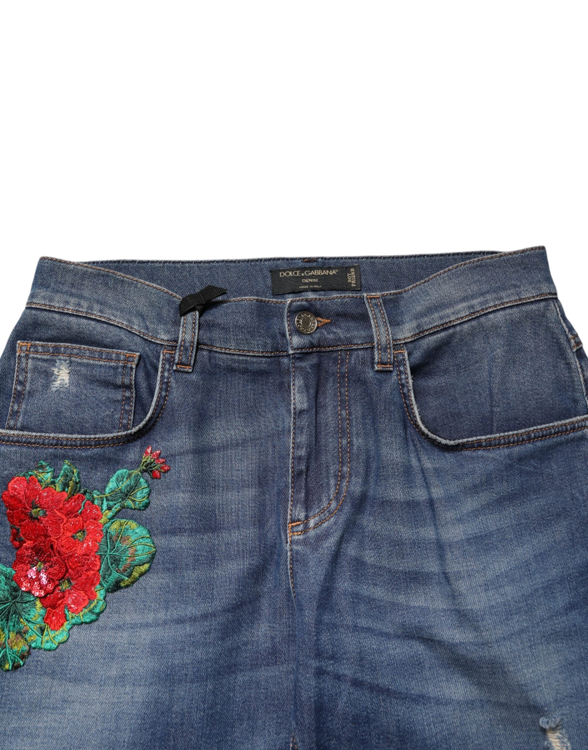 Dolce & Gabbana Blue Floral Embroidered BOYFRIEND Denim Women's Jeans