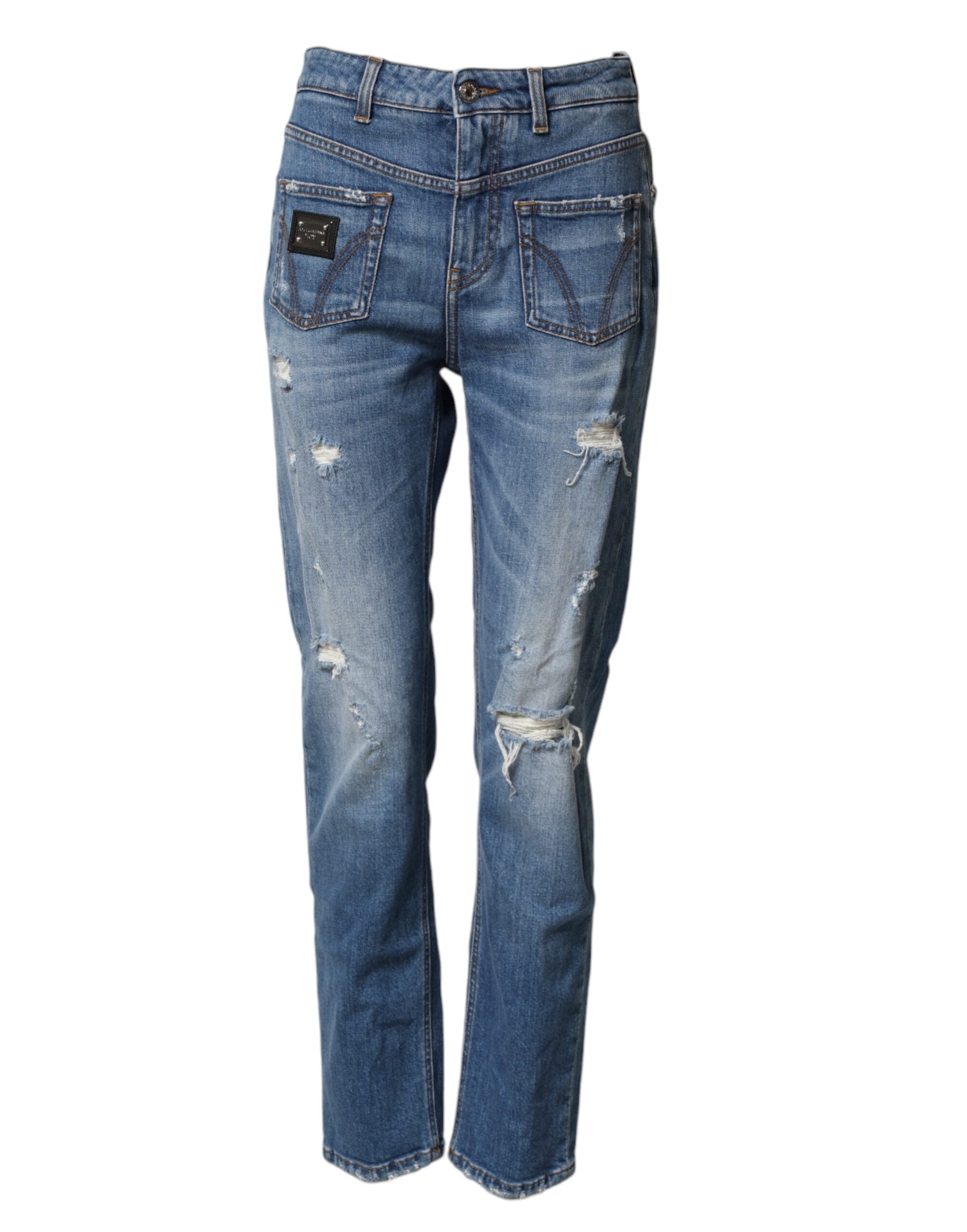 Dolce & Gabbana Blue Distressed Washed Cotton Denim Women's Jeans