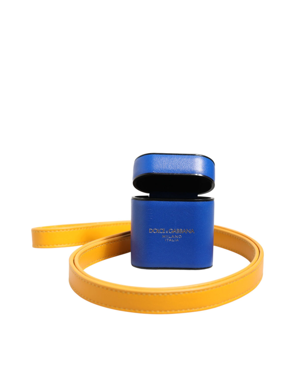 Dolce & Gabbana Blue Yellow Calfskin Leather Logo Strap Men Airpods Men's Case