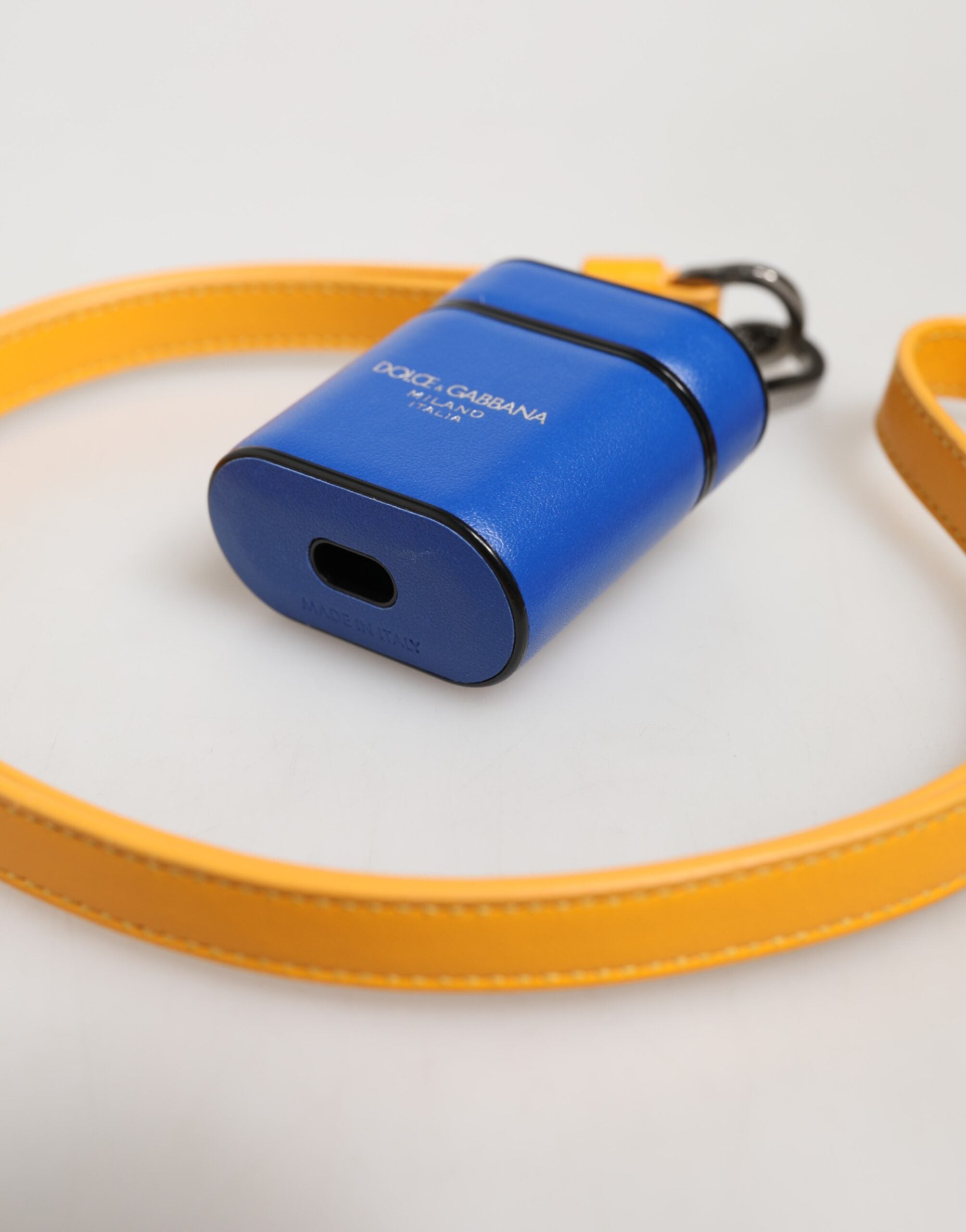 Dolce & Gabbana Blue Yellow Calfskin Leather Logo Strap Men Airpods Men's Case