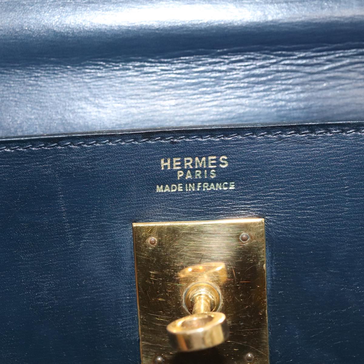Hermes Kelly Black Box Calf With Gold Hardware Navy Leather Handbag (Pre-Owned)