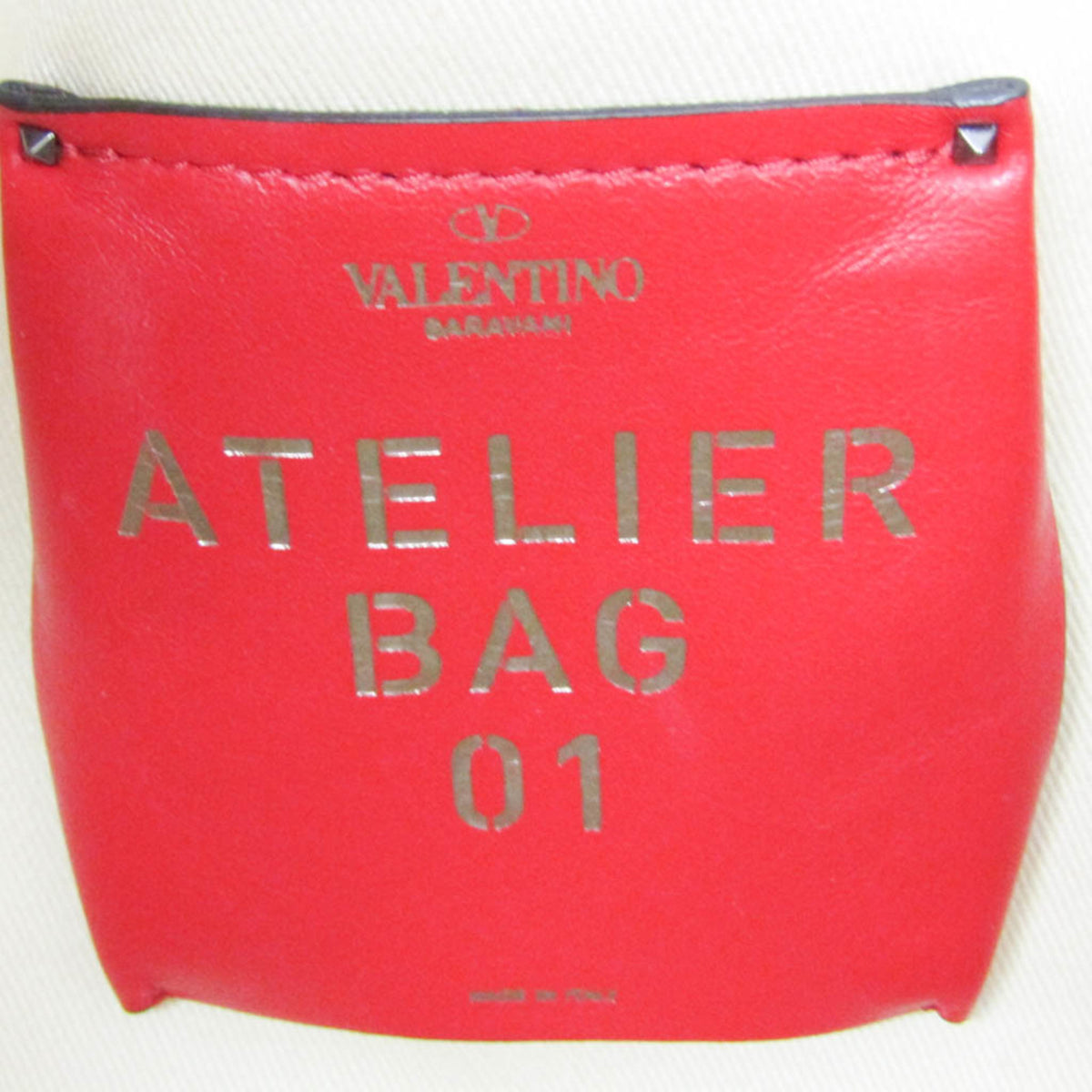 Valentino Garavani Atelier 01 Studded Canvas Red Canvas Tote Bag Bag (Pre-Owned)