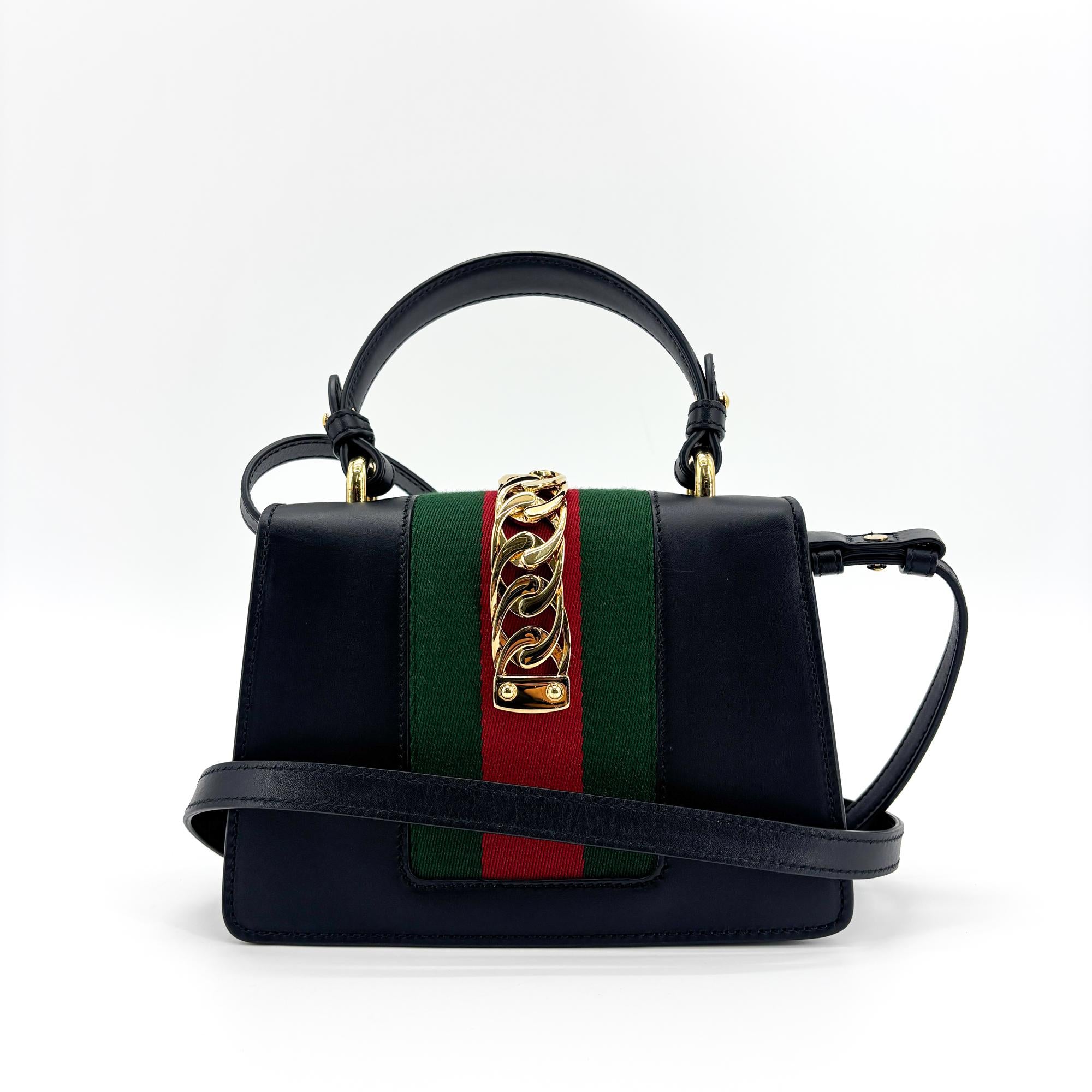 Gucci Sylvie Top Handle Bag Leather Black Leather Handbag (Pre-Owned)