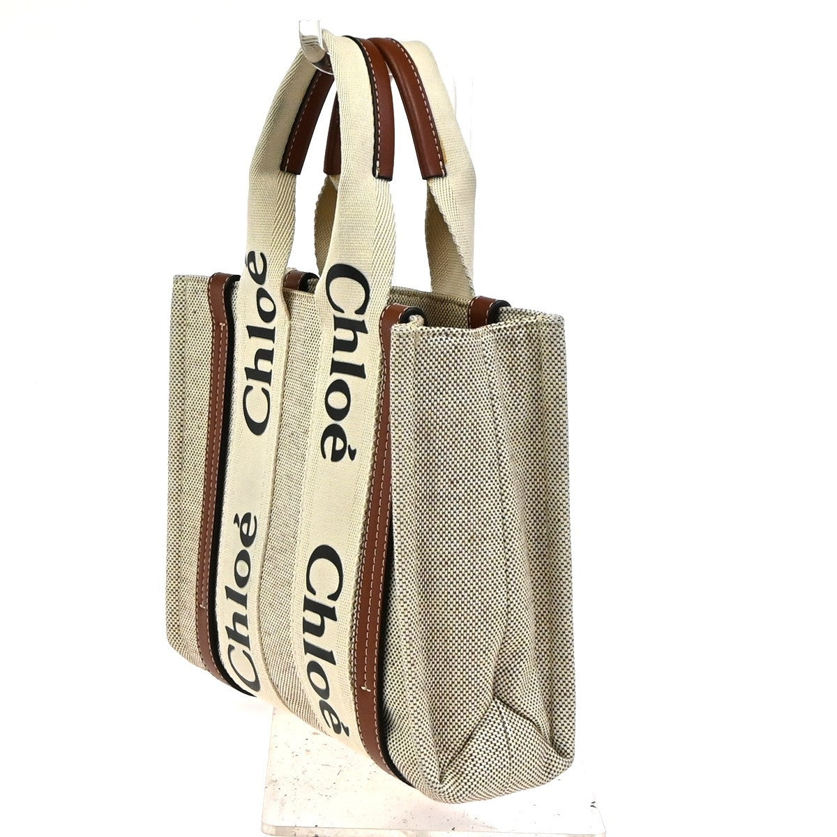 Chloe Woody Canvas With Leather Beige Canvas Tote Bag Bag (Pre-Owned)