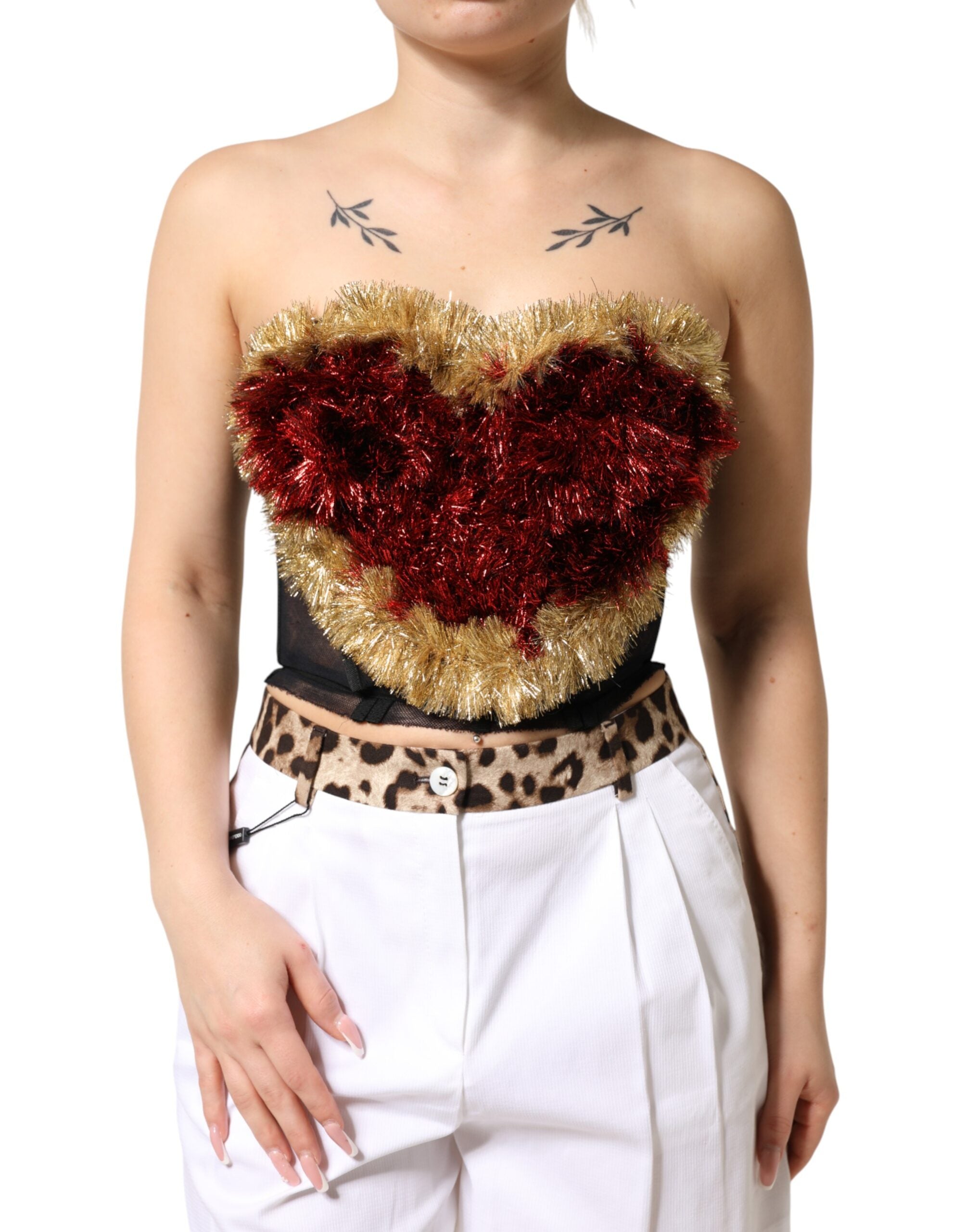Dolce & Gabbana Black Gold Heart Bustier Corset Tinsel Women's Top