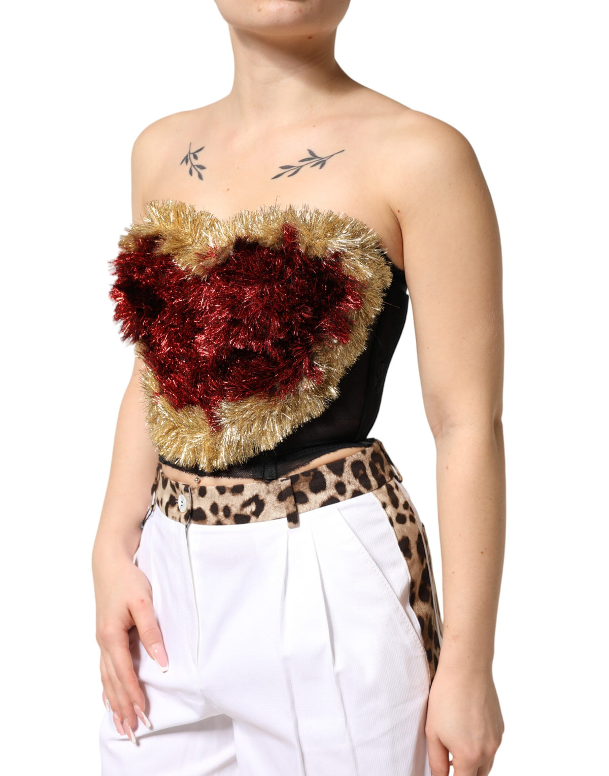 Dolce & Gabbana Black Gold Heart Bustier Corset Tinsel Women's Top