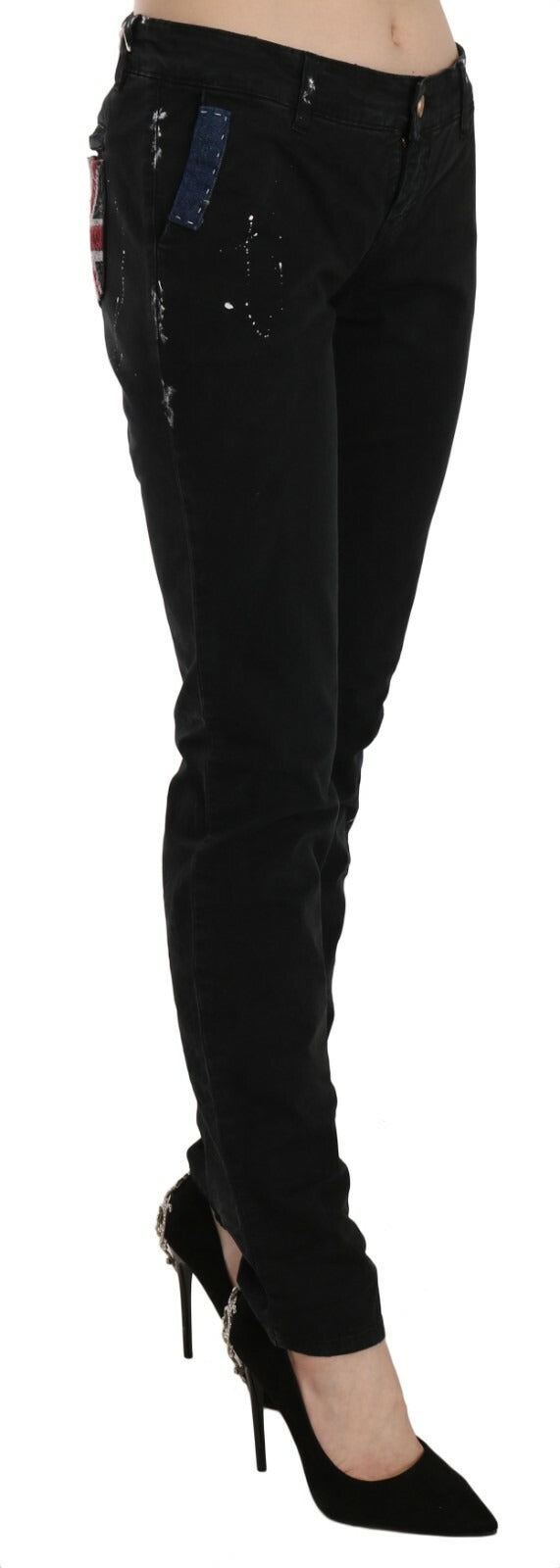 John Galliano Black Low Waist White Paint Skinny Denim Pants Women's Jeans
