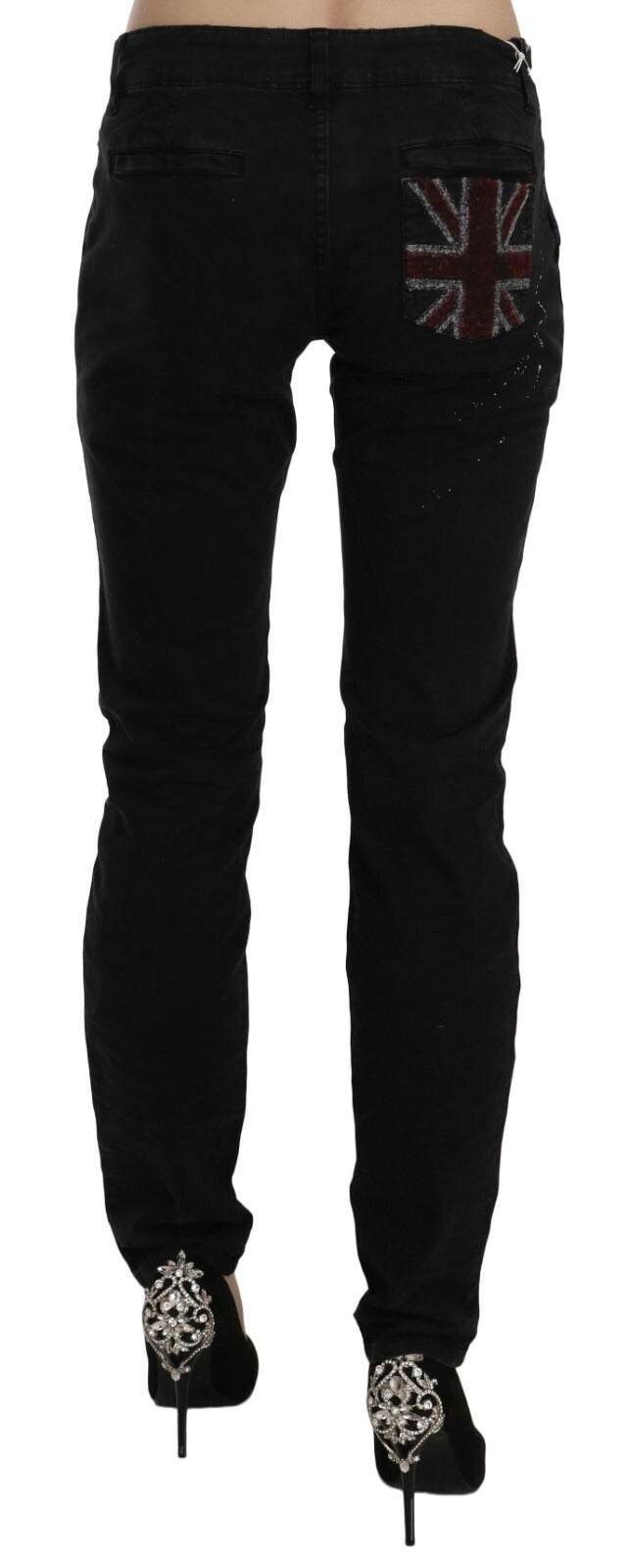 John Galliano Black Low Waist White Paint Skinny Denim Pants Women's Jeans