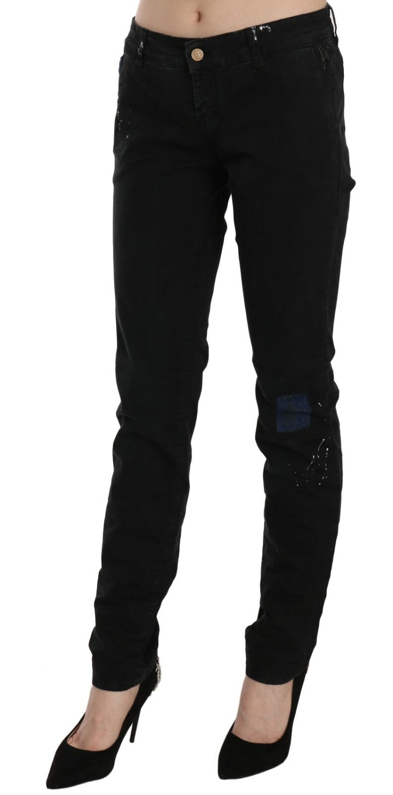 John Galliano Black Low Waist White Paint Skinny Denim Pants Women's Jeans