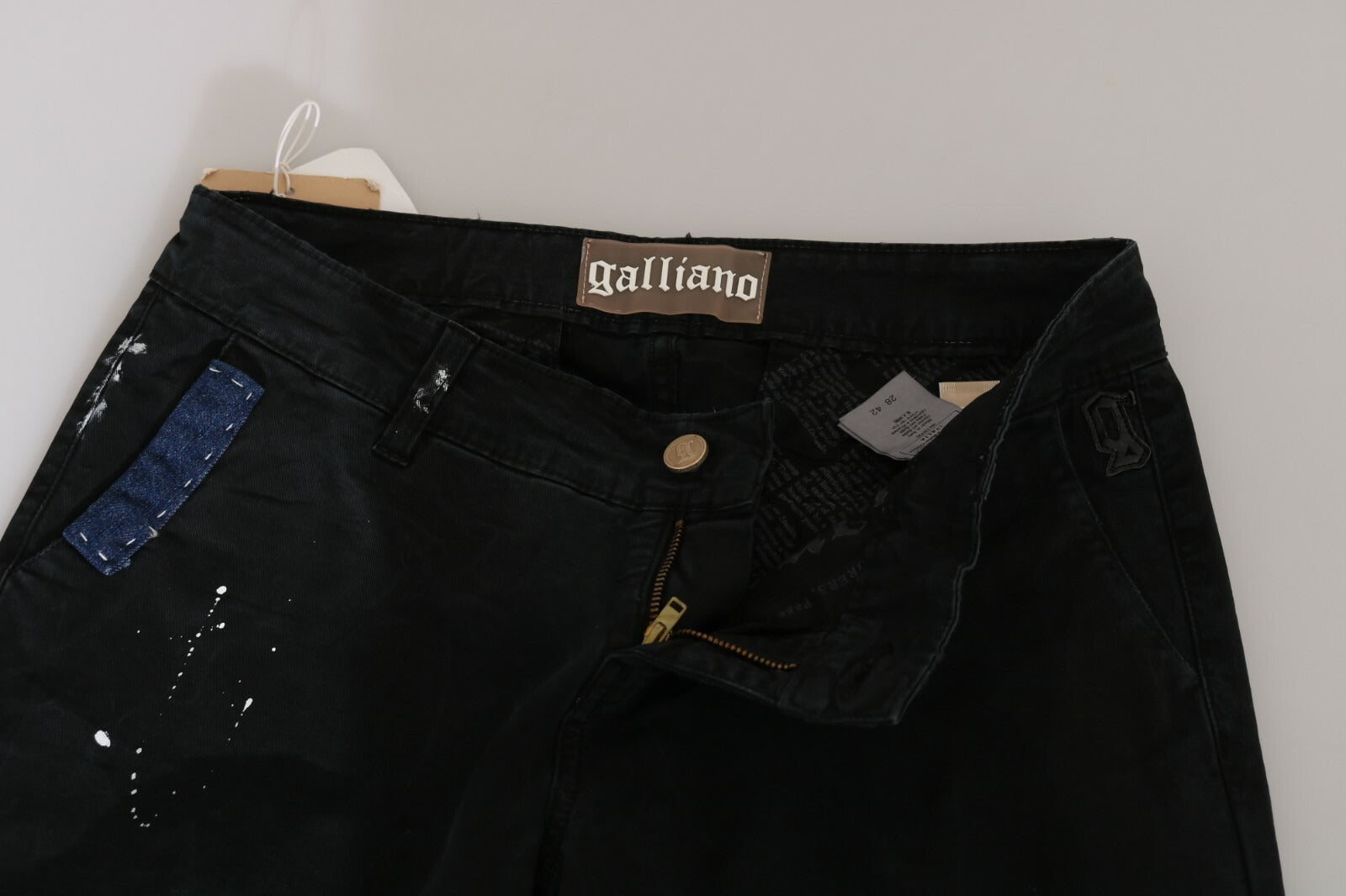 John Galliano Black Low Waist White Paint Skinny Denim Pants Women's Jeans