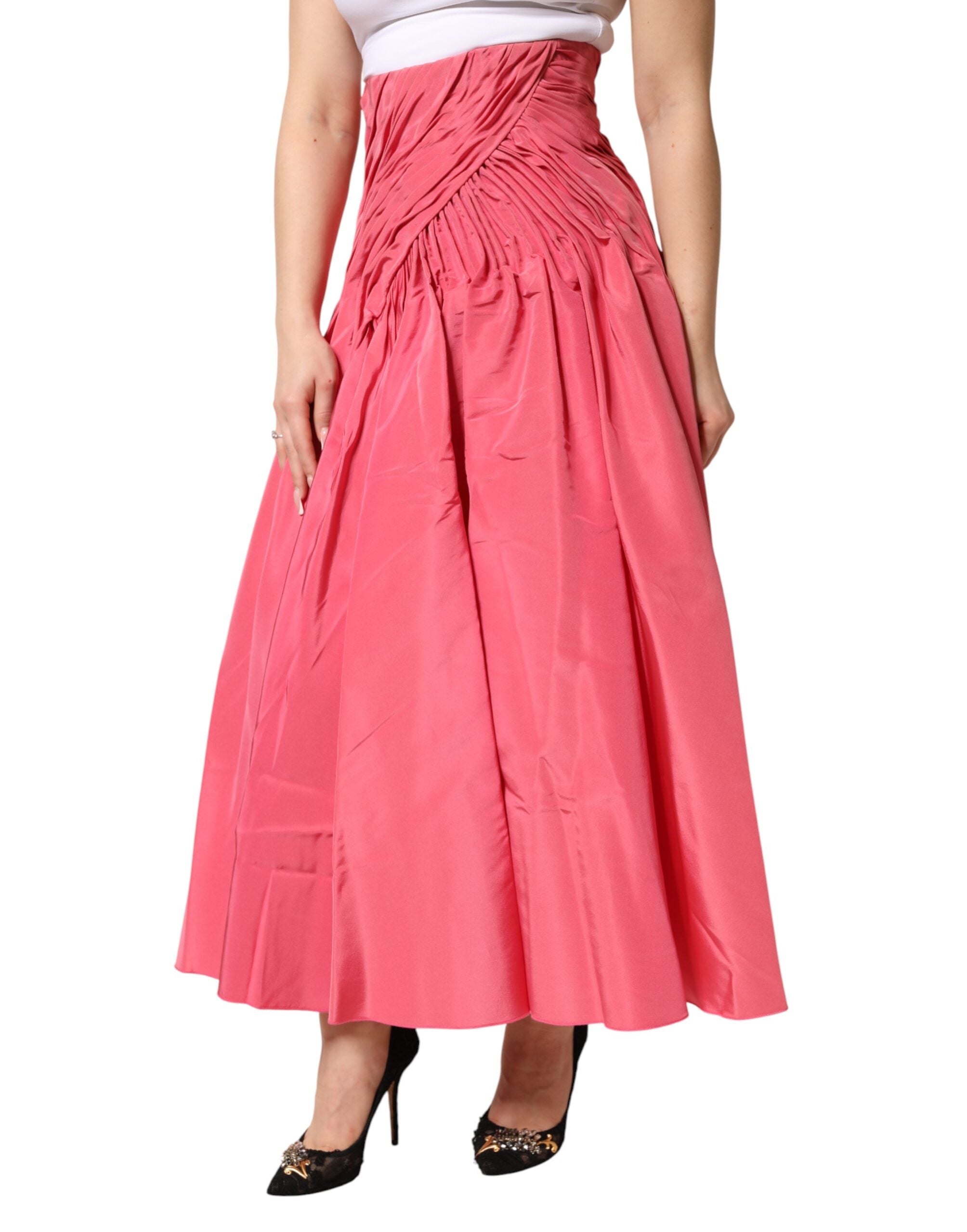 Dolce & Gabbana Pink Silk Pleated High Waist Midi Women's Skirt