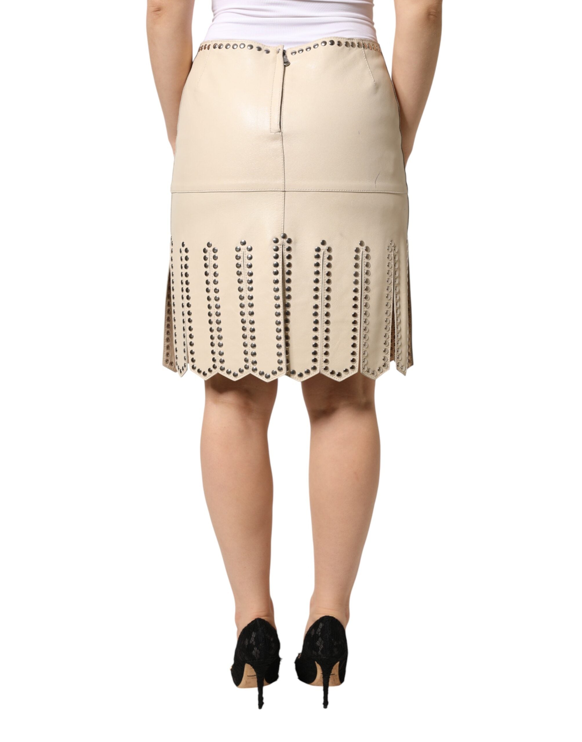 Dolce & Gabbana Beige Leather Studs Mid Waist Mini Women's Skirt (Pre-Owned)