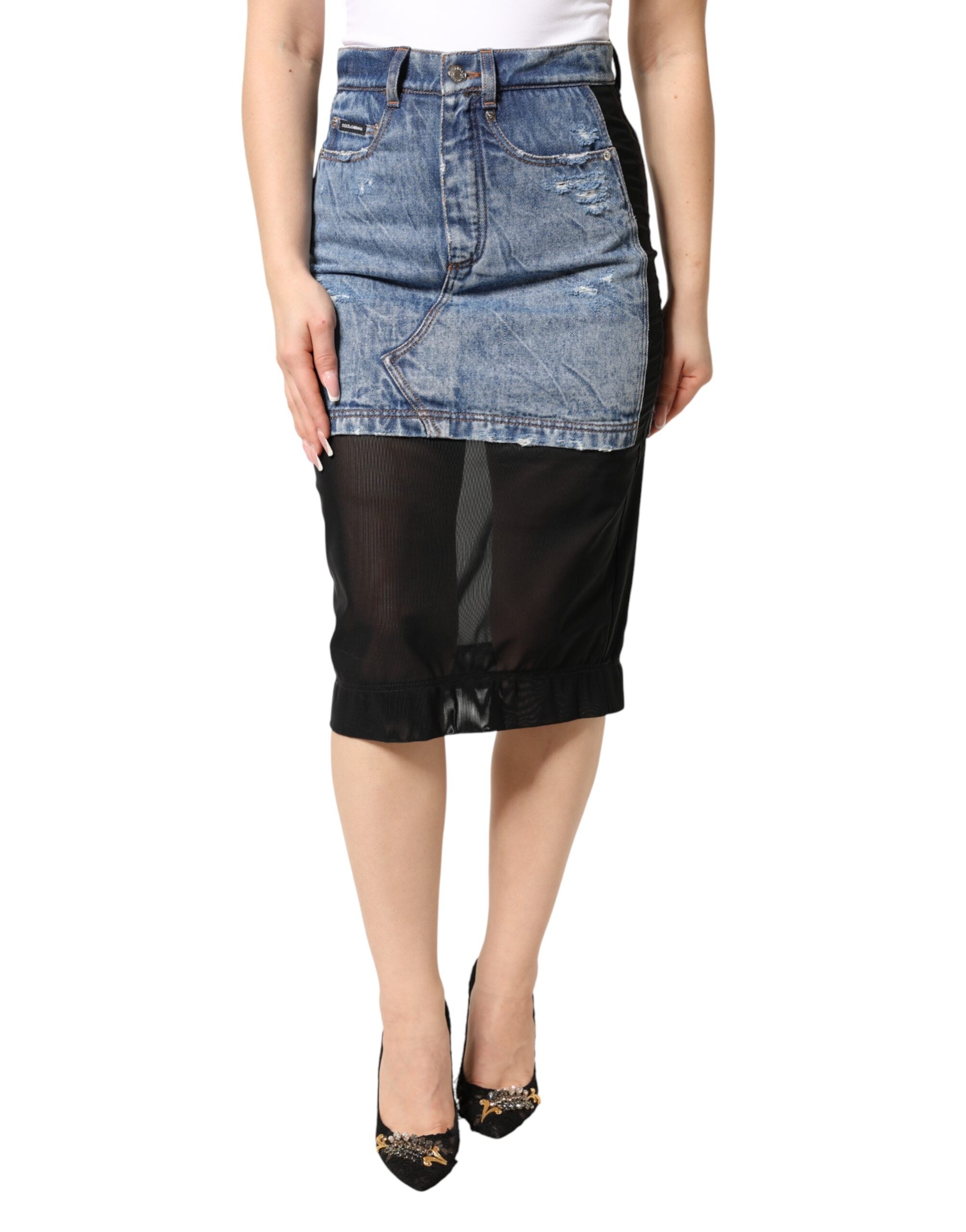Dolce & Gabbana Blue Black Cotton Denim Sheer Midi Women's Skirt