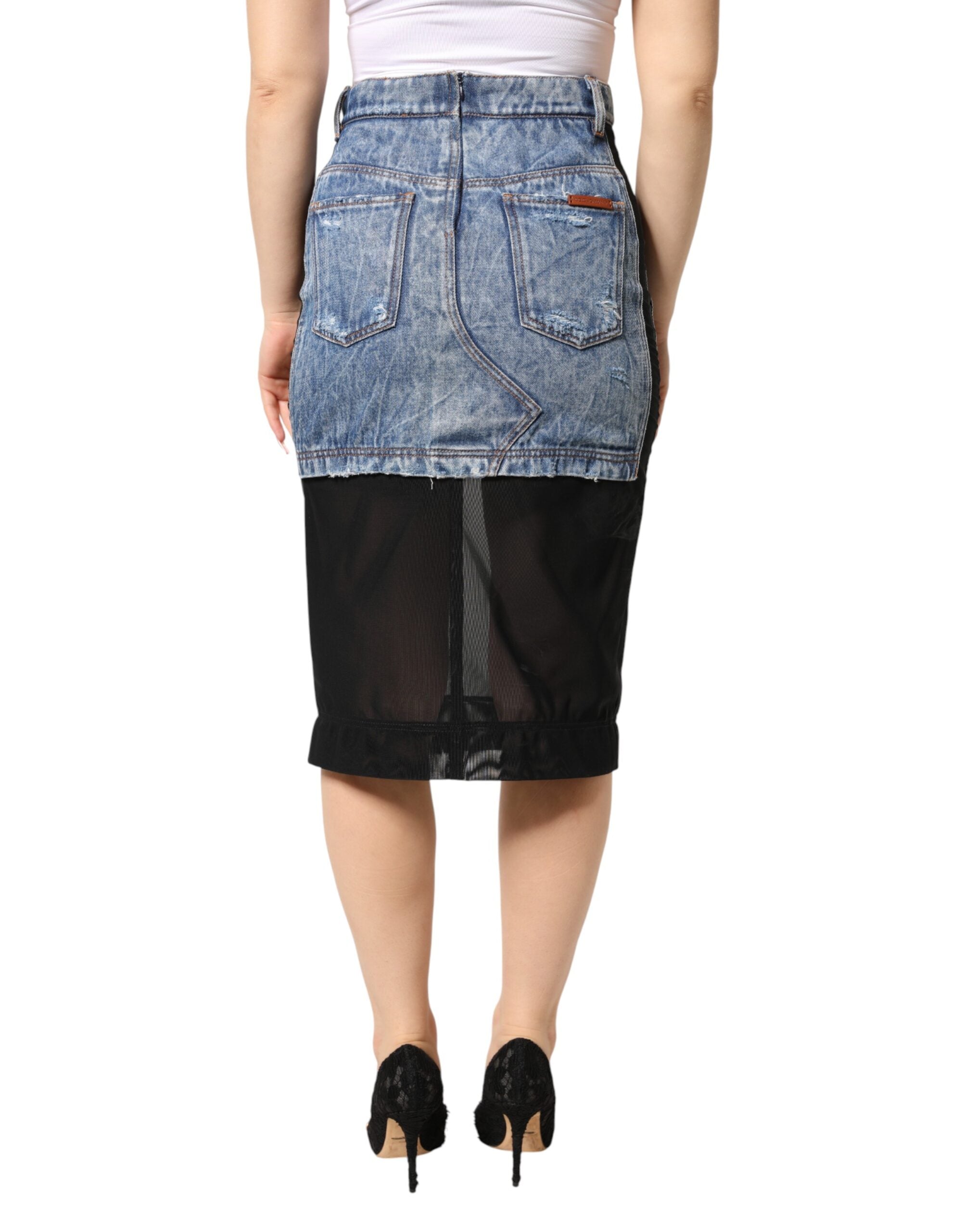 Dolce & Gabbana Blue Black Cotton Denim Sheer Midi Women's Skirt