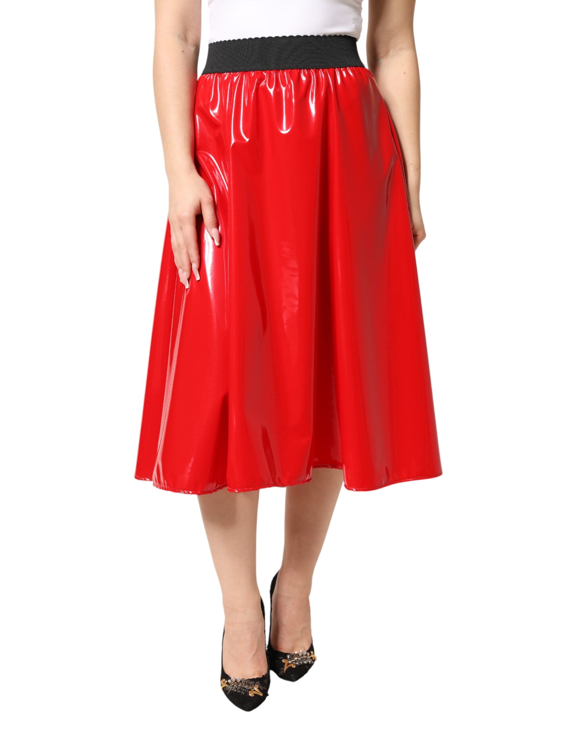 Dolce & Gabbana Glossy Red Polyester High Waist Midi Women's Skirt