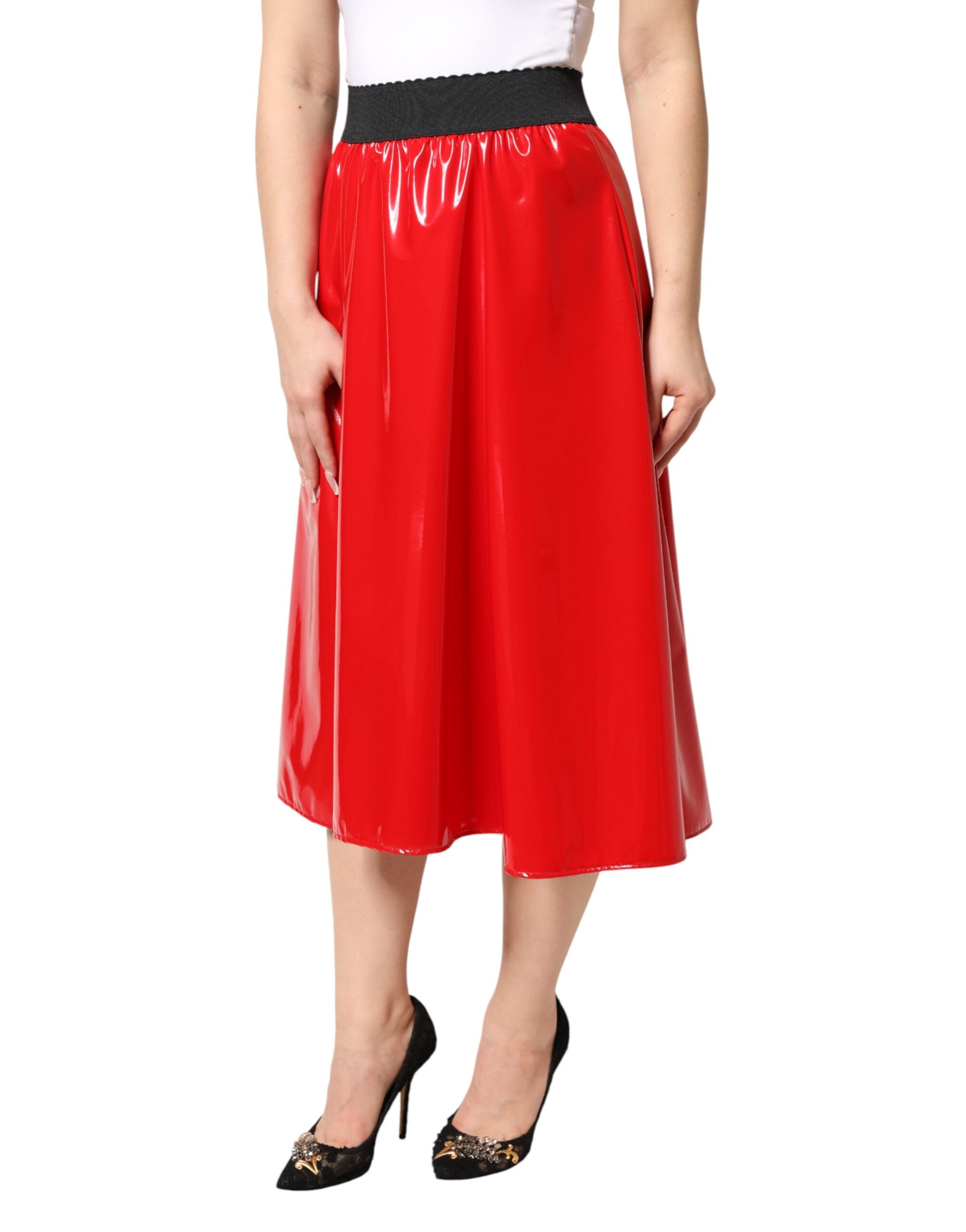 Dolce & Gabbana Glossy Red Polyester High Waist Midi Women's Skirt