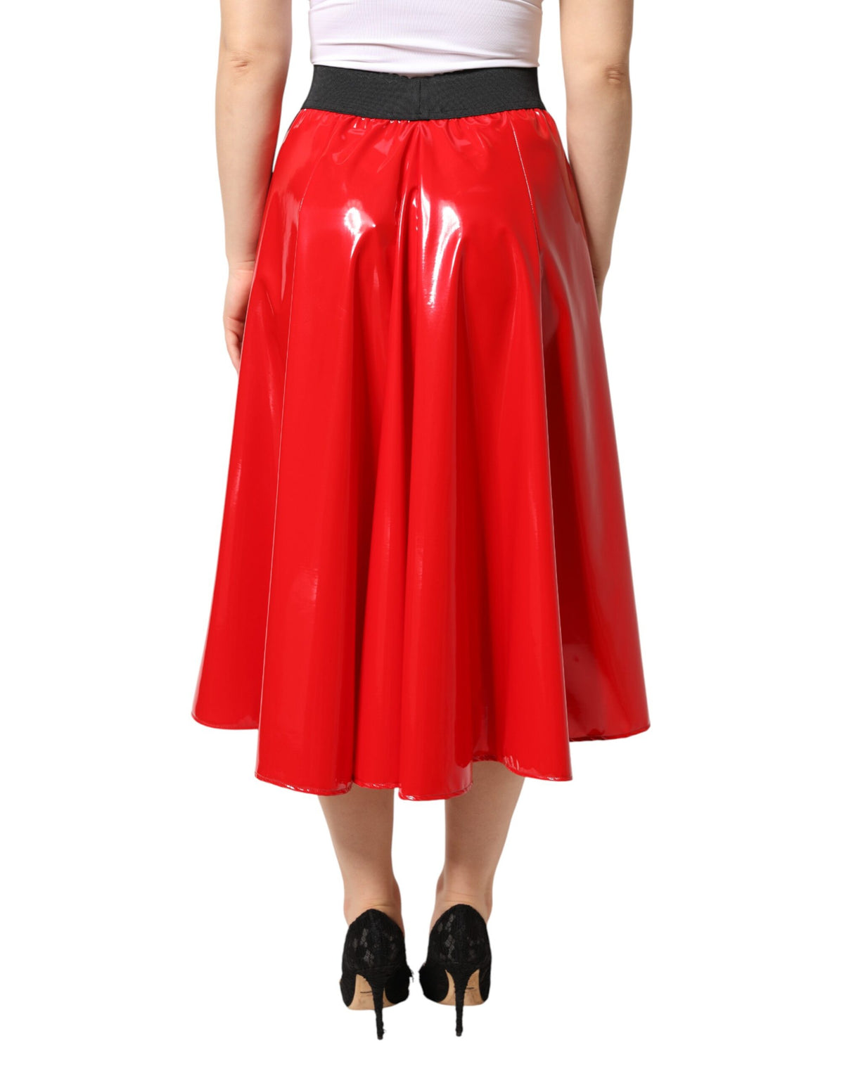 Dolce & Gabbana Glossy Red Polyester High Waist Midi Women's Skirt