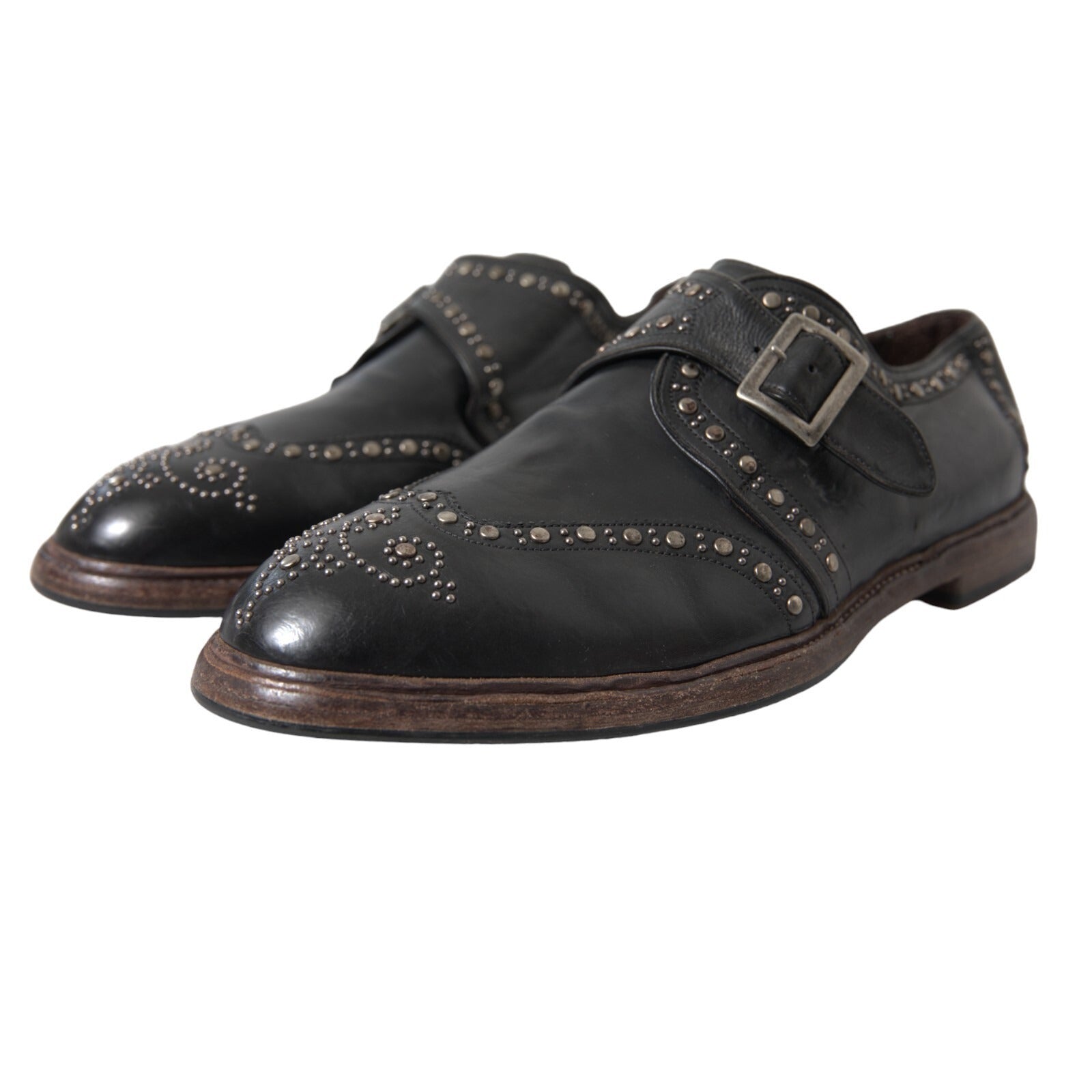 Dolce & Gabbana Black Leather Monk Strap Studded Dress Men's Shoes