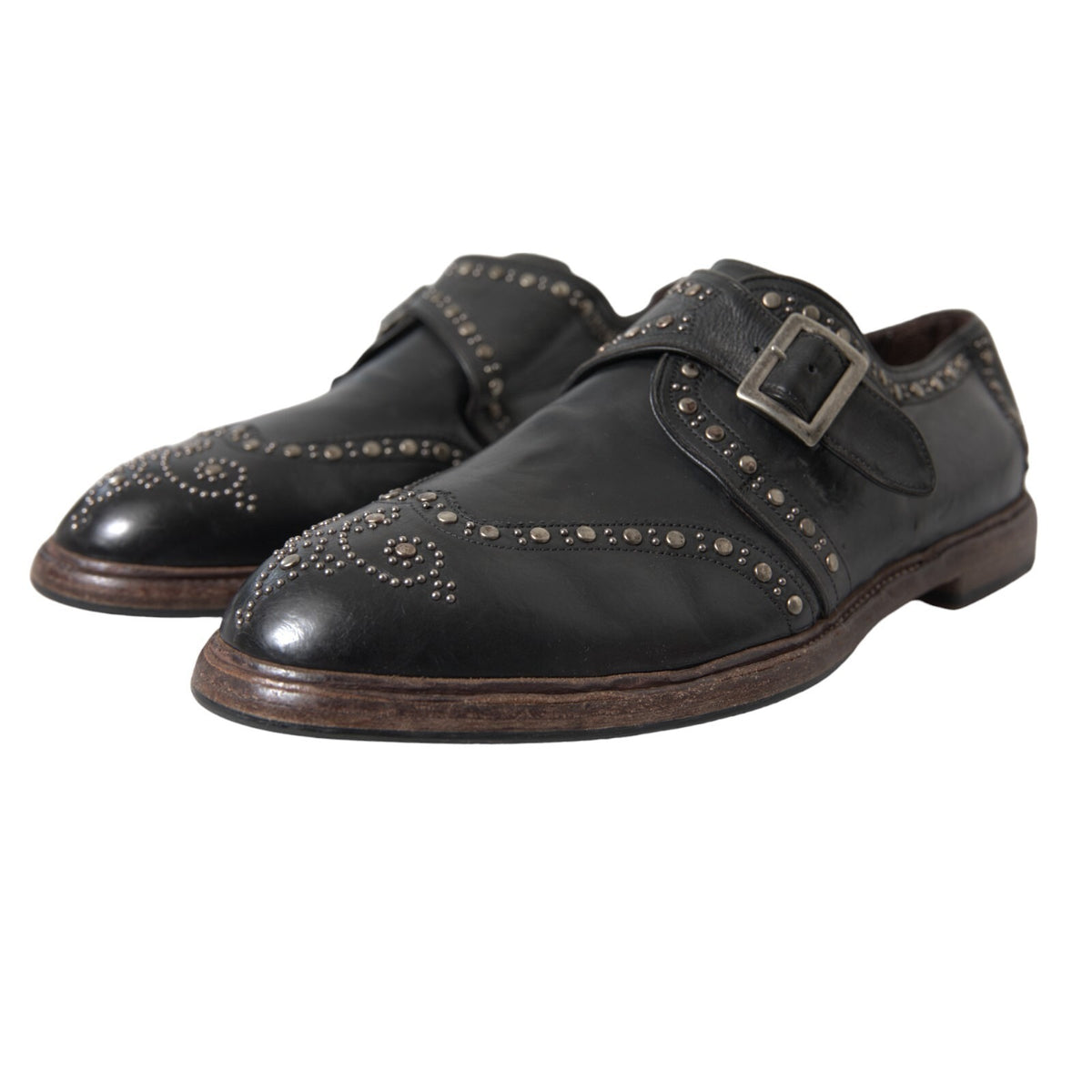 Dolce & Gabbana Black Leather Monk Strap Studded Dress Men's Shoes