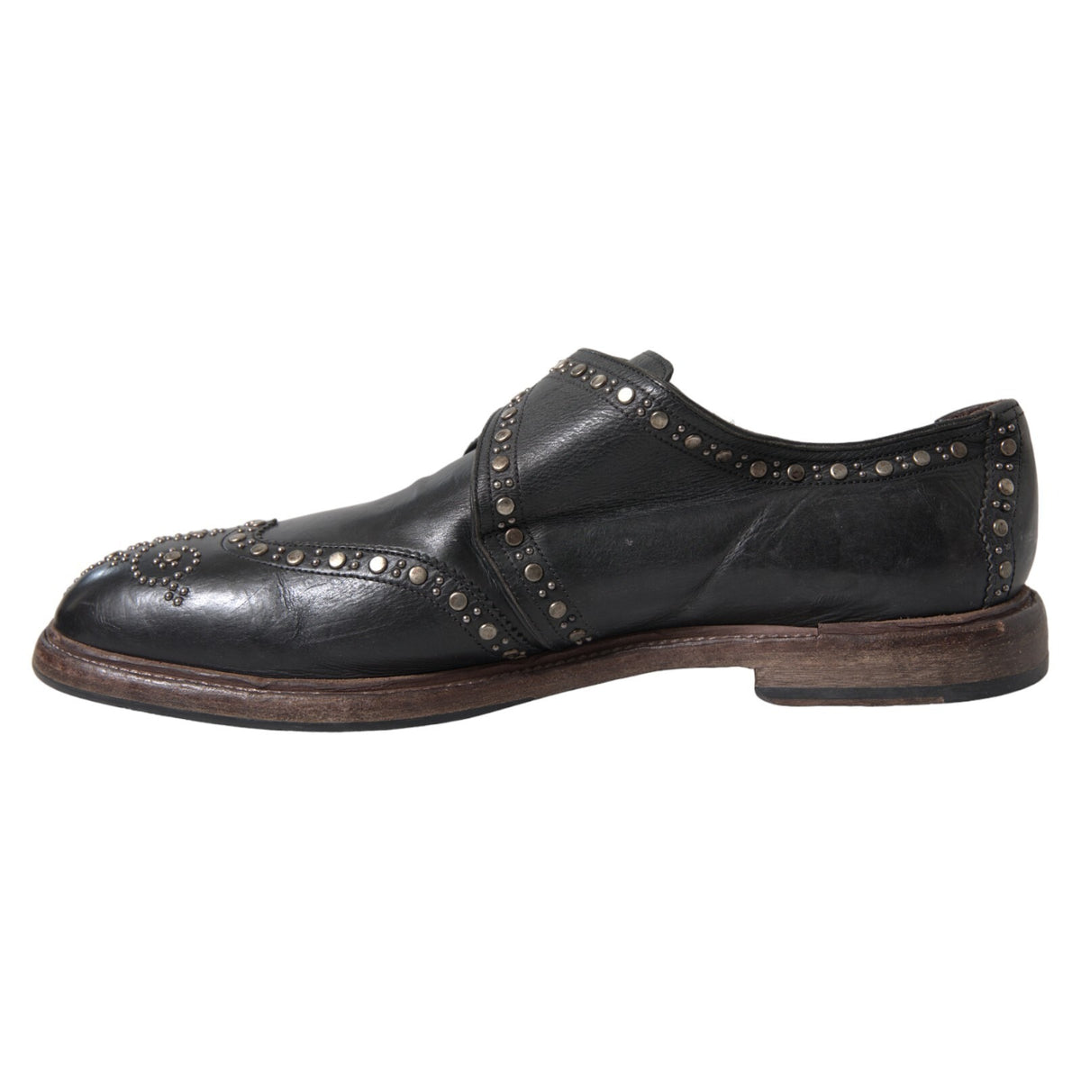 Dolce & Gabbana Black Leather Monk Strap Studded Dress Men's Shoes