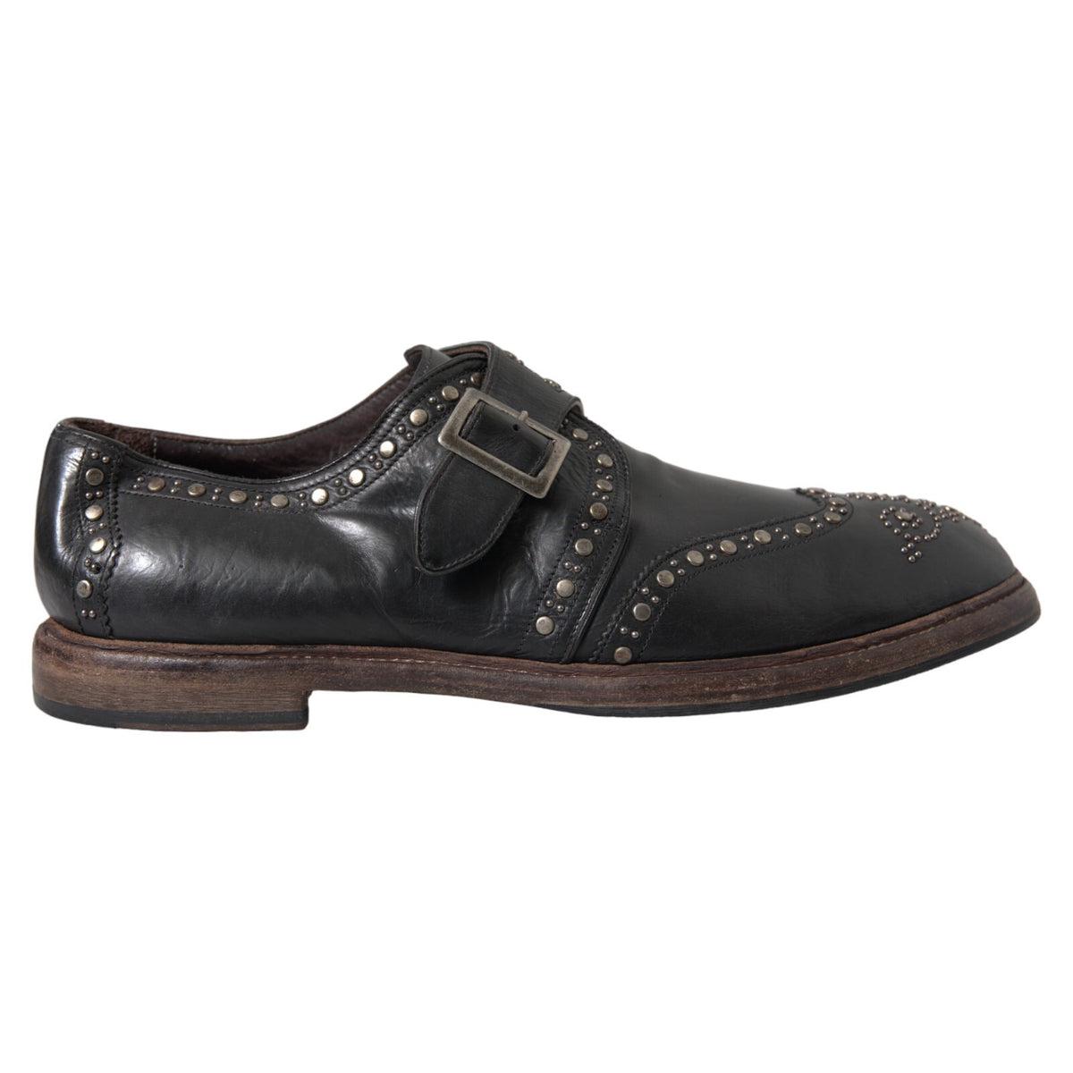 Dolce & Gabbana Black Leather Monk Strap Studded Dress Men's Shoes