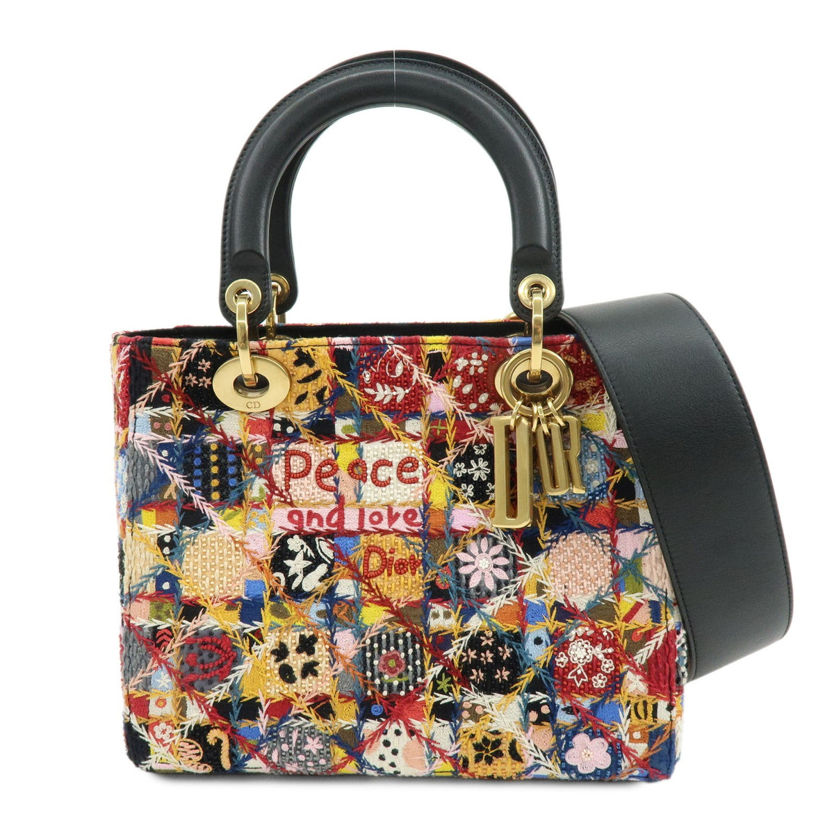 Christian Dior Lady Dior Embroidered Canvas Multicolour Beads Handbag (Pre-Owned)