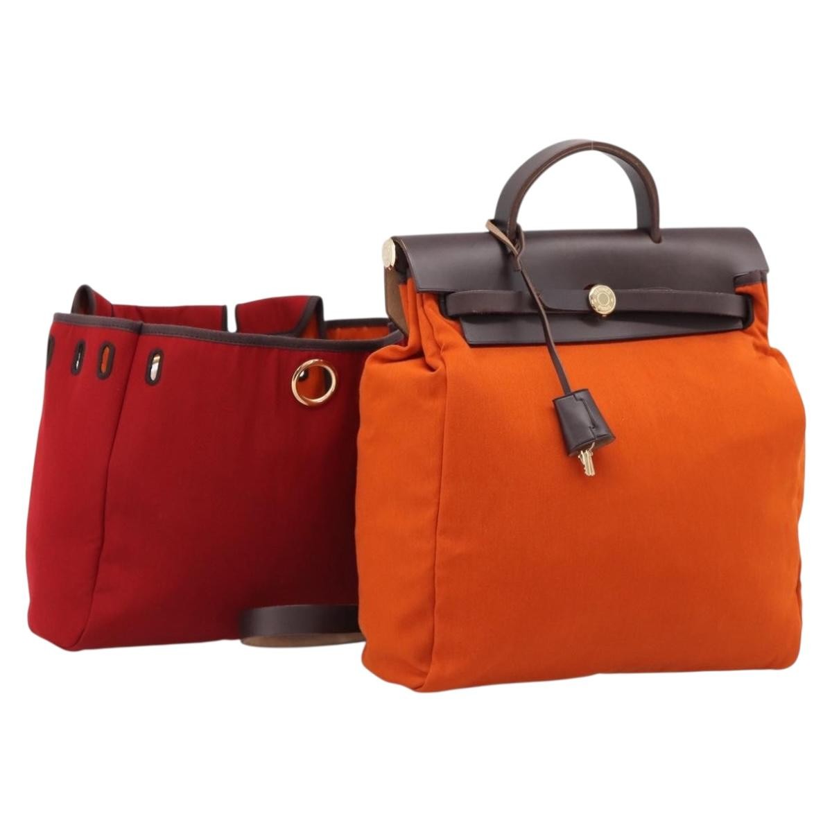 Hermes Herbag A Dos Toile Orange Canvas Backpack Bag (Pre-Owned)
