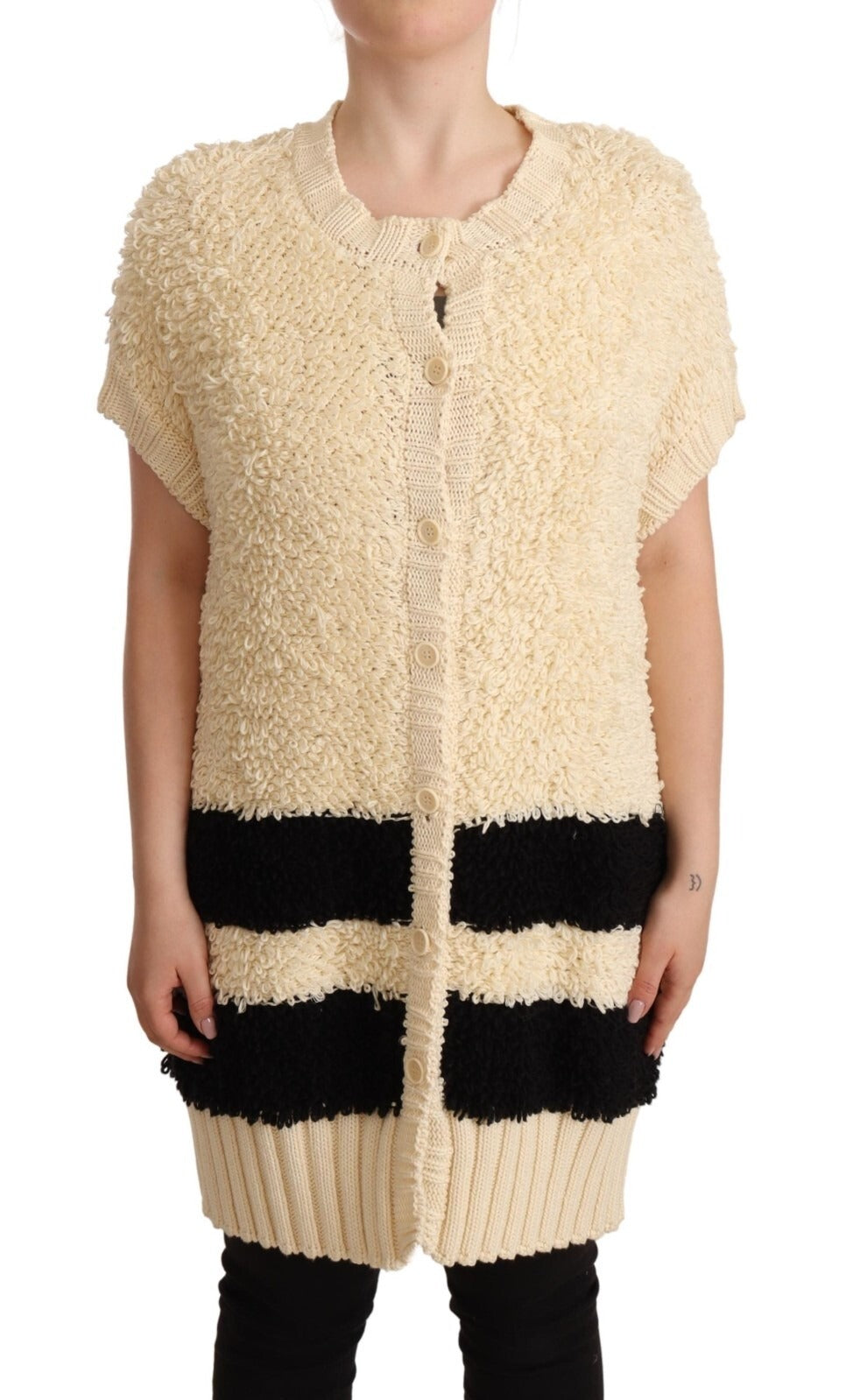 Philosophy Beige Black Short Sleeve Button Cardigan Women's Sweater (Pre-Owned)