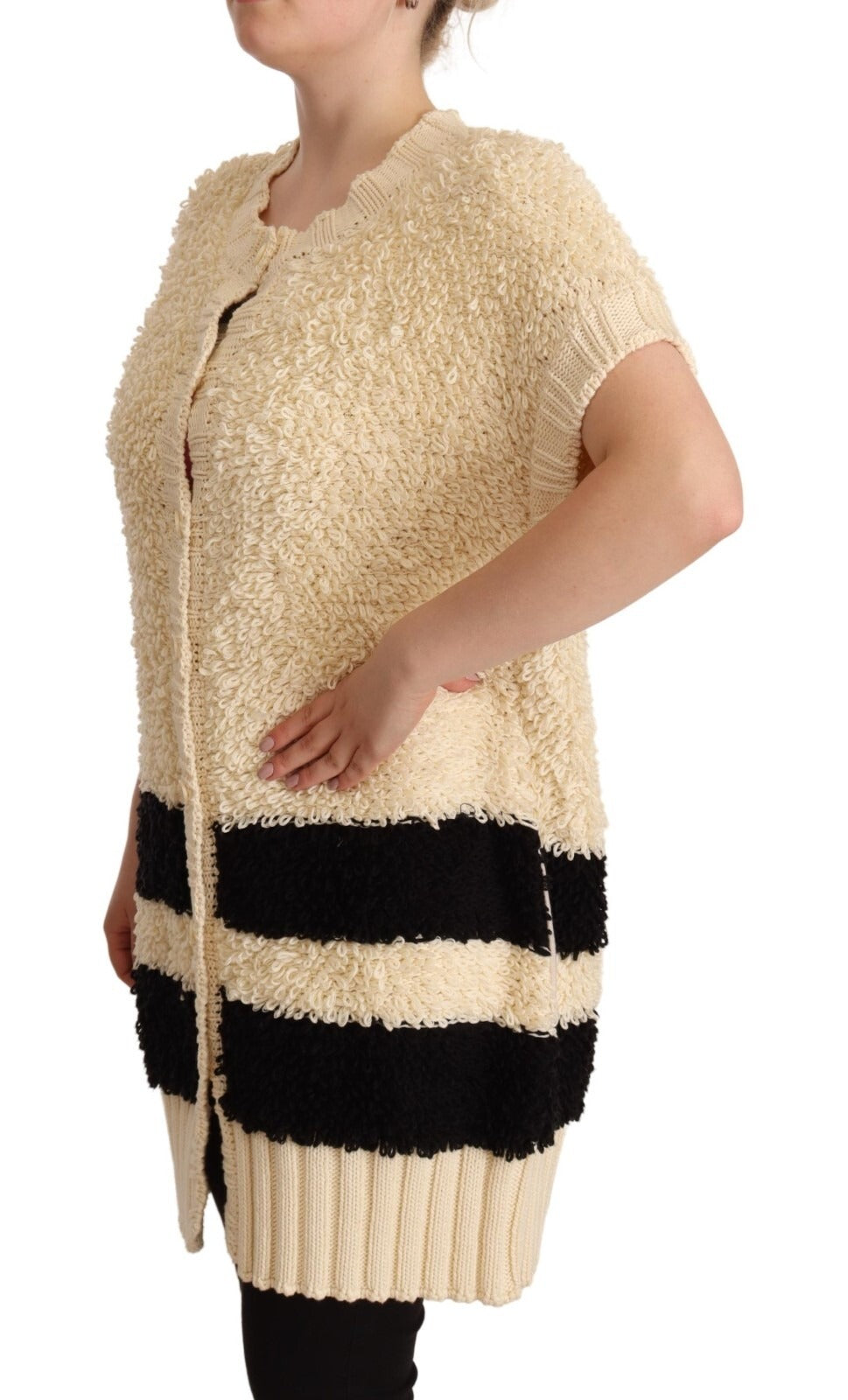 Philosophy Beige Black Short Sleeve Button Cardigan Women's Sweater (Pre-Owned)
