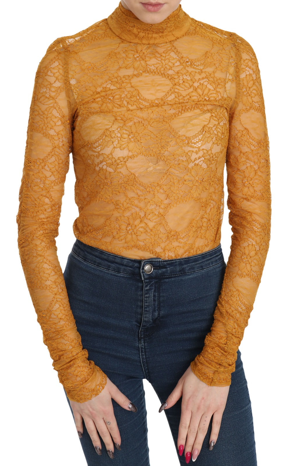 Mangano Mustard Turtle Neck Long Sleeve Lace Top Women's Blouse