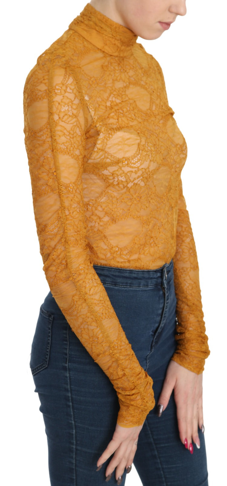 Mangano Mustard Turtle Neck Long Sleeve Lace Top Women's Blouse