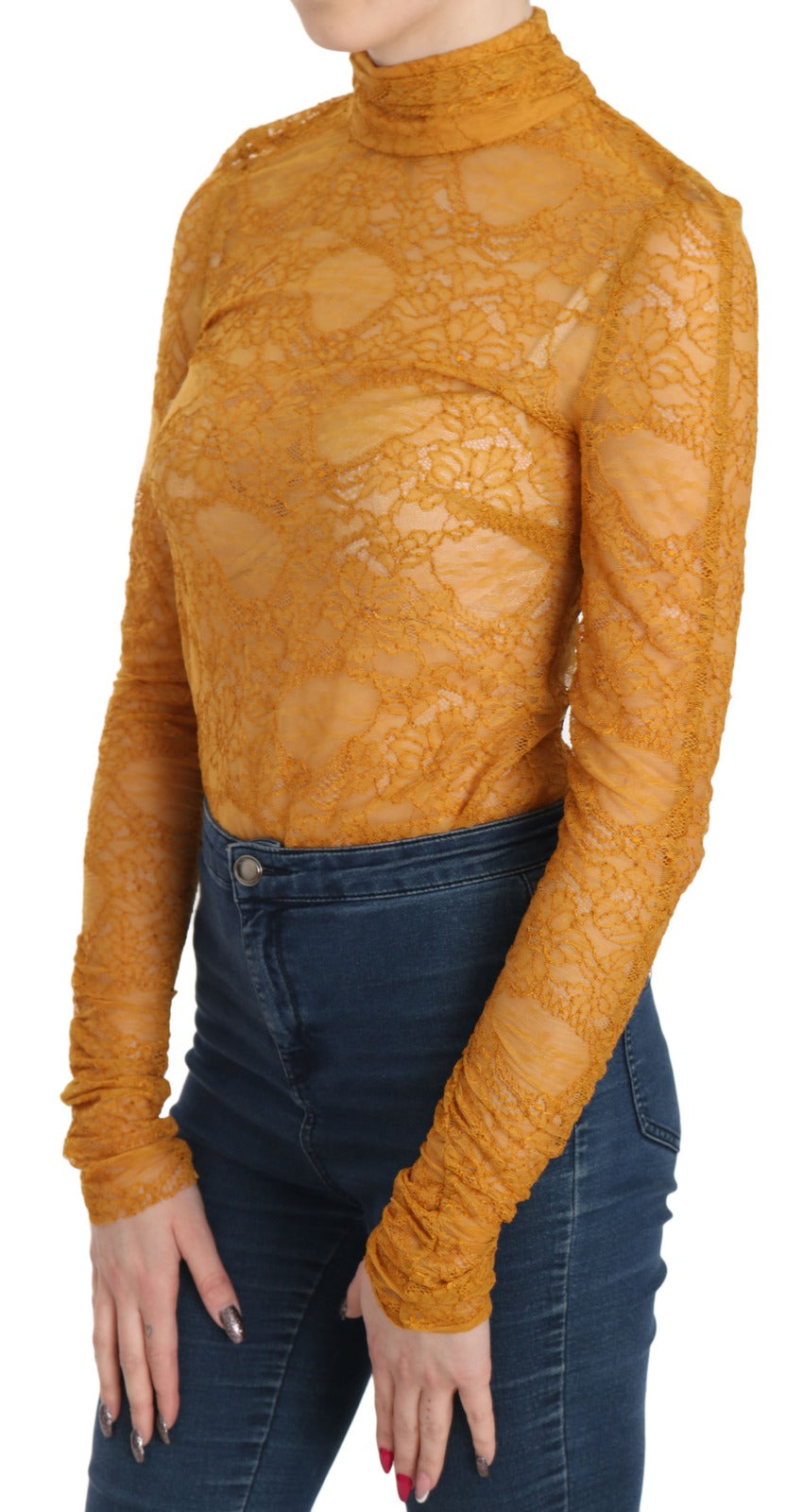 Mangano Mustard Turtle Neck Long Sleeve Lace Top Women's Blouse