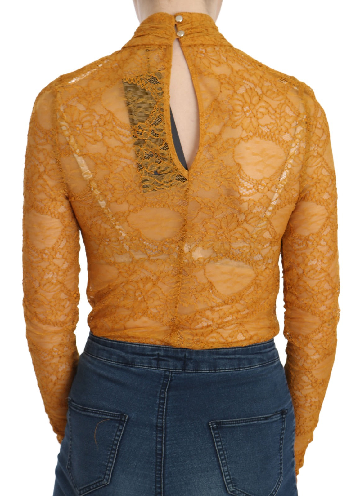 Mangano Mustard Turtle Neck Long Sleeve Lace Top Women's Blouse