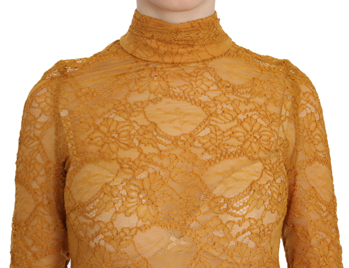 Mangano Mustard Turtle Neck Long Sleeve Lace Top Women's Blouse