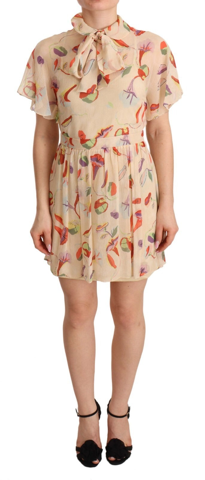 Red Valentino Beige Ascot Collar Short Sleeves Aline Mini Women's Dress (Pre-Owned)