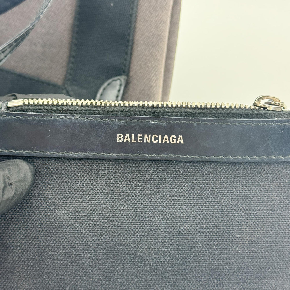 Balenciaga Navy Cabas Canvas With Leather Black Canvas Tote Bag Bag (Pre-Owned)