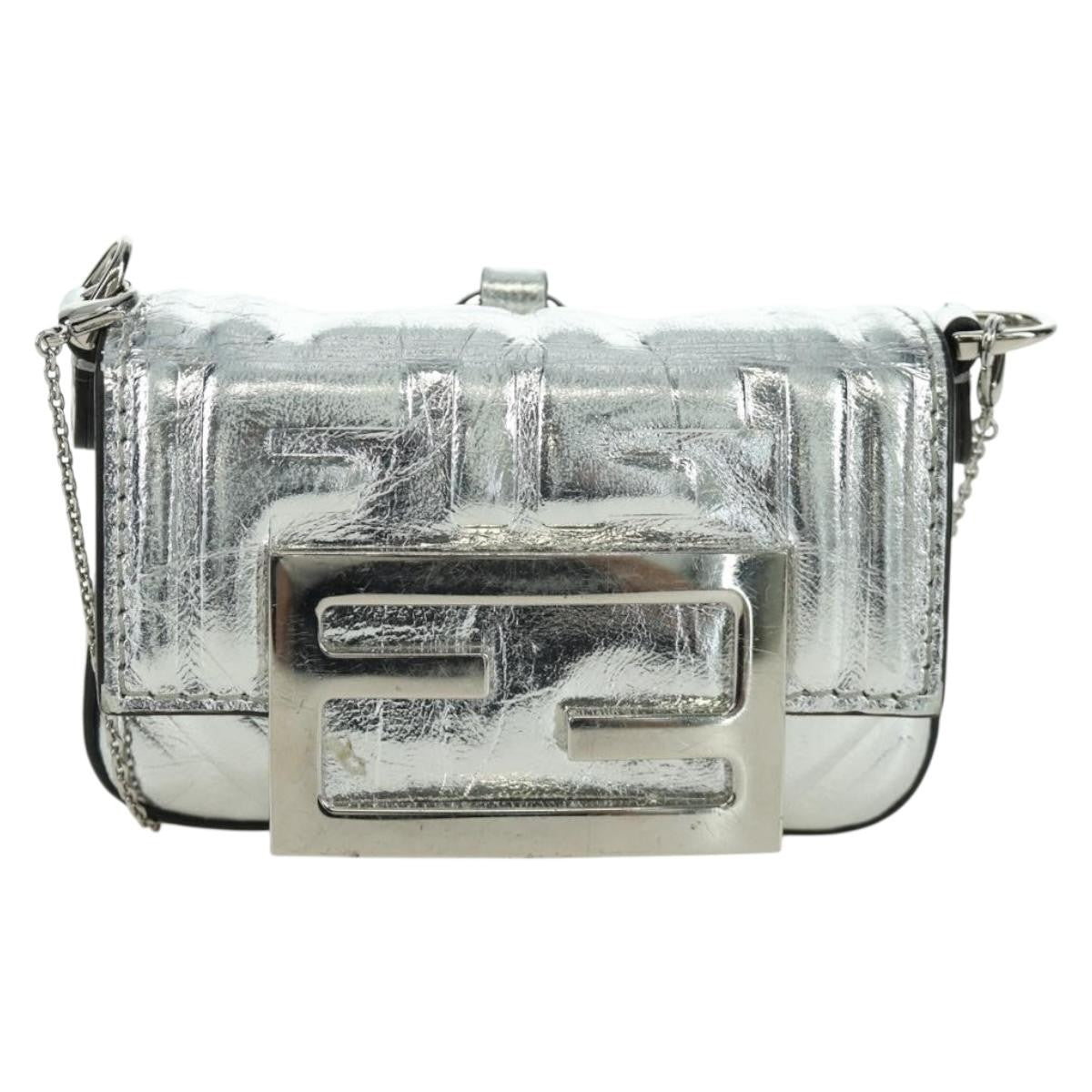Fendi Baguette Nm Zucca Embossed Leather Silver Canvas Handbag (Pre-Owned)